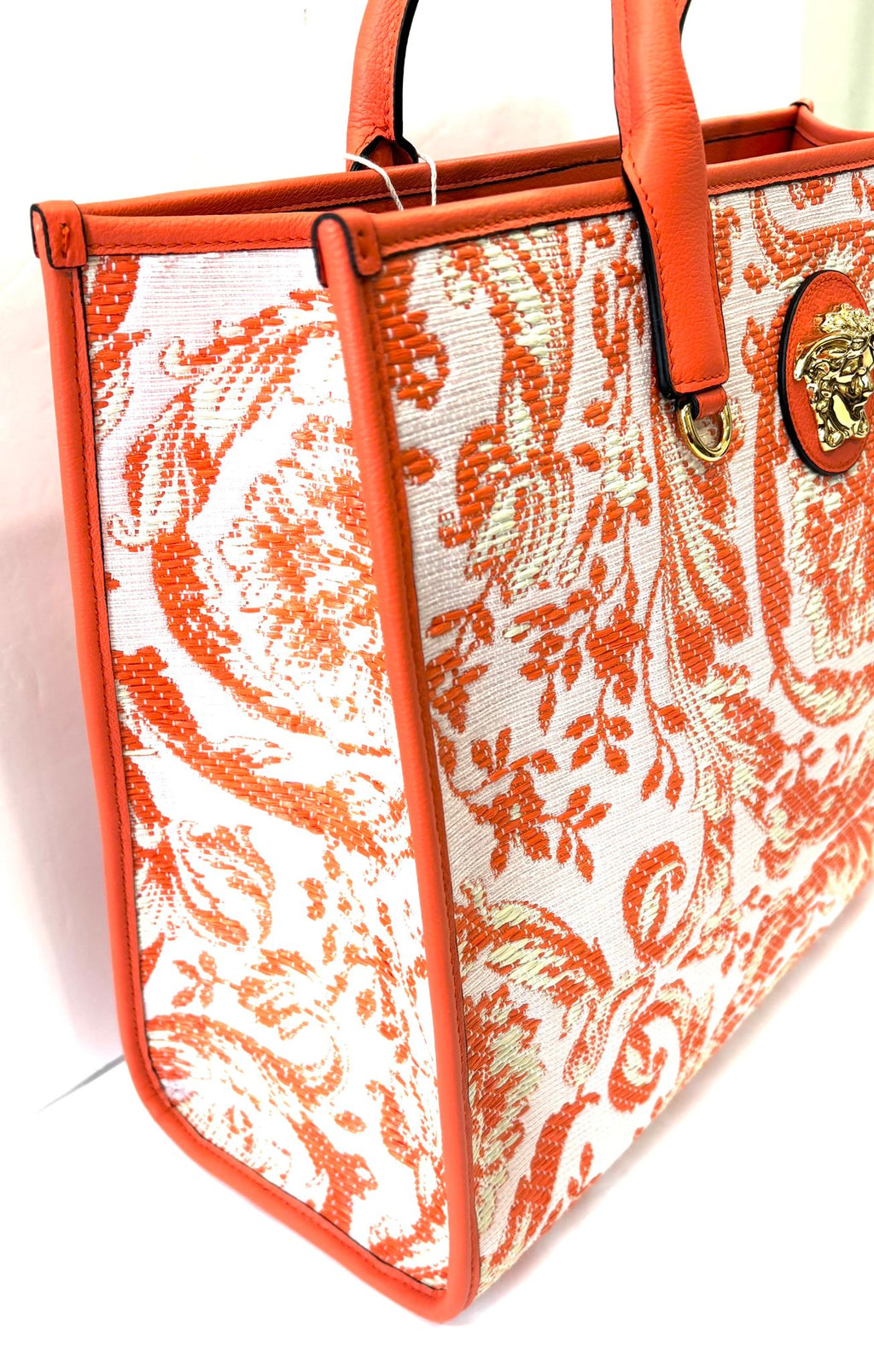 VERSACE BAROCCO RAFIA & LEATHER GOLD MEDUSA LARGE TOTE