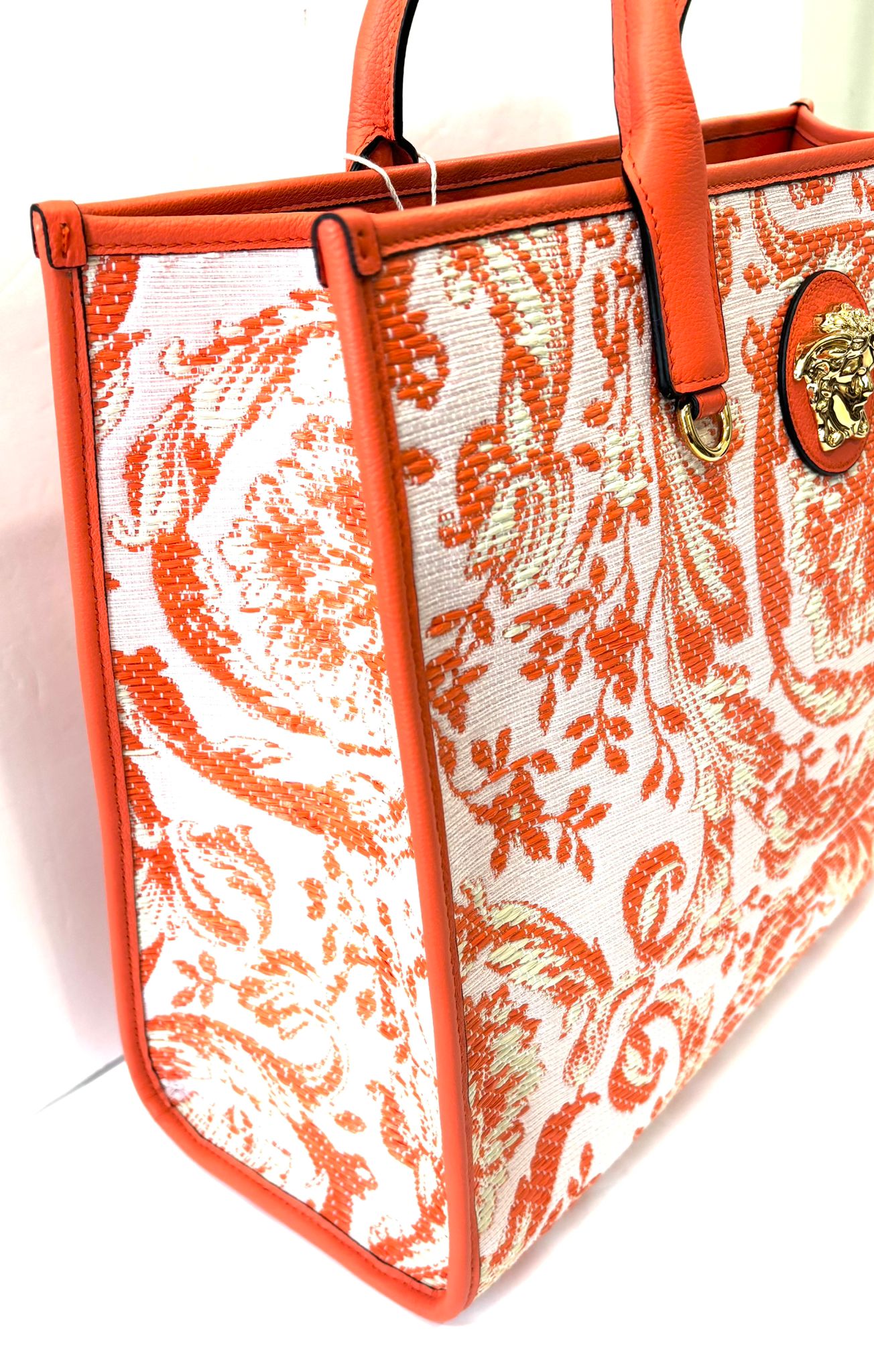 VERSACE BAROCCO RAFIA & LEATHER GOLD MEDUSA LARGE TOTE