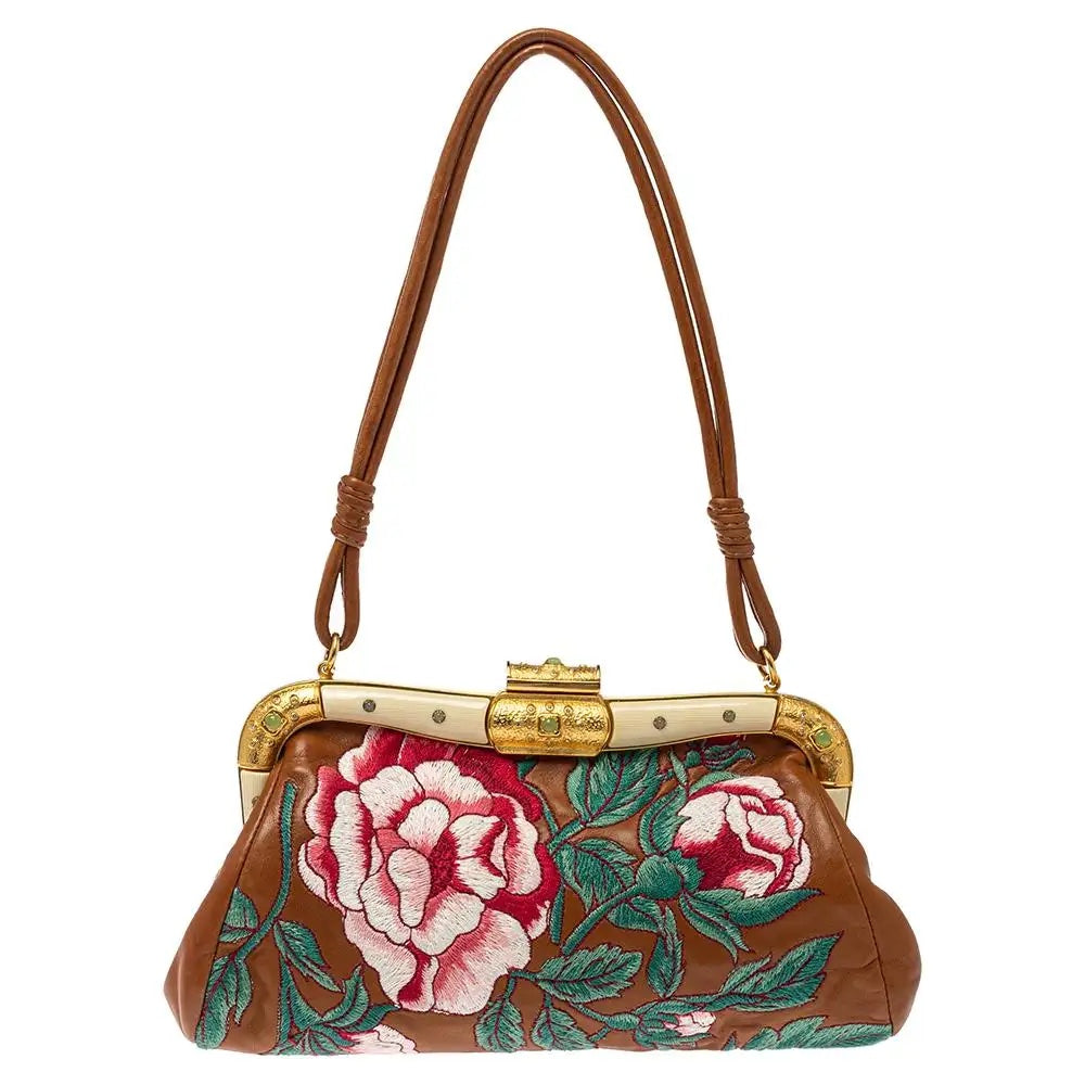 VALENTINO LEATHER FLORAL EMBROIDERED BAGUETTE BAG