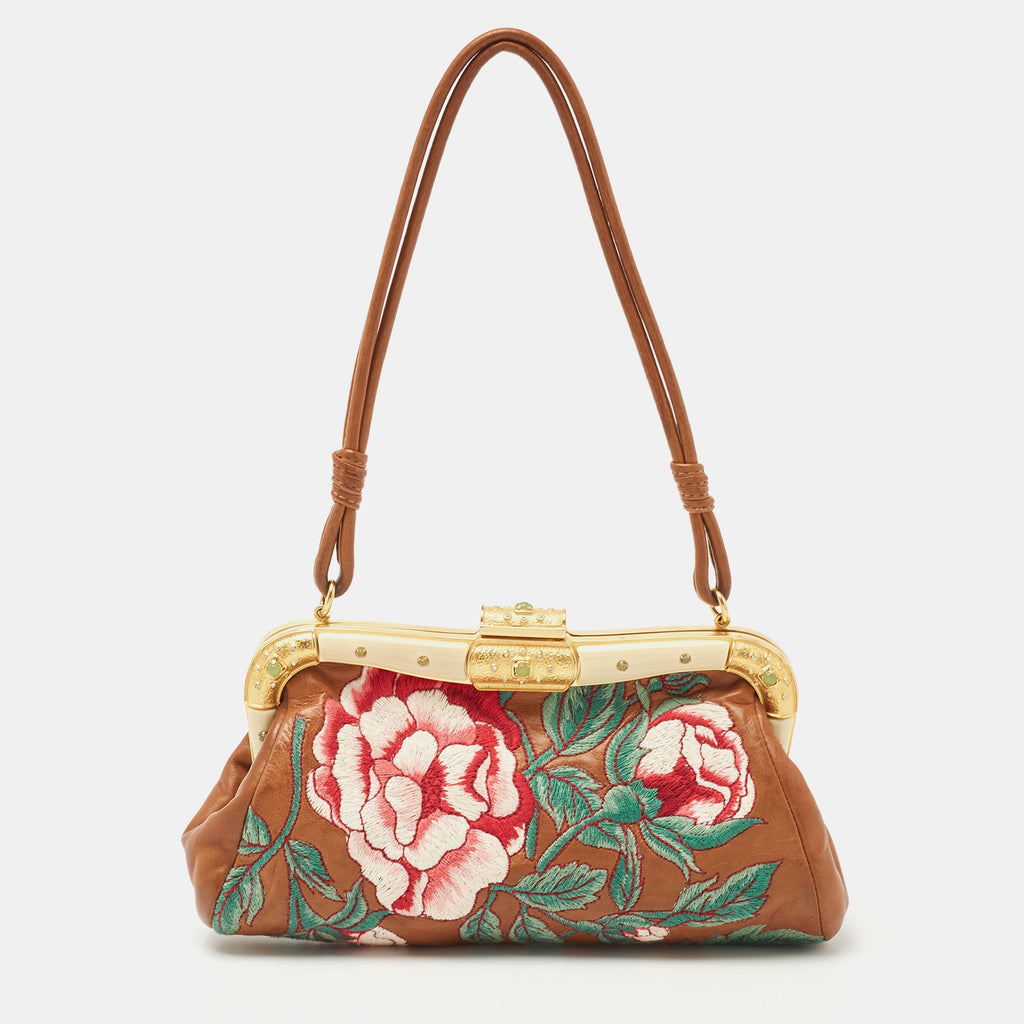 VALENTINO LEATHER FLORAL EMBROIDERED BAGUETTE BAG