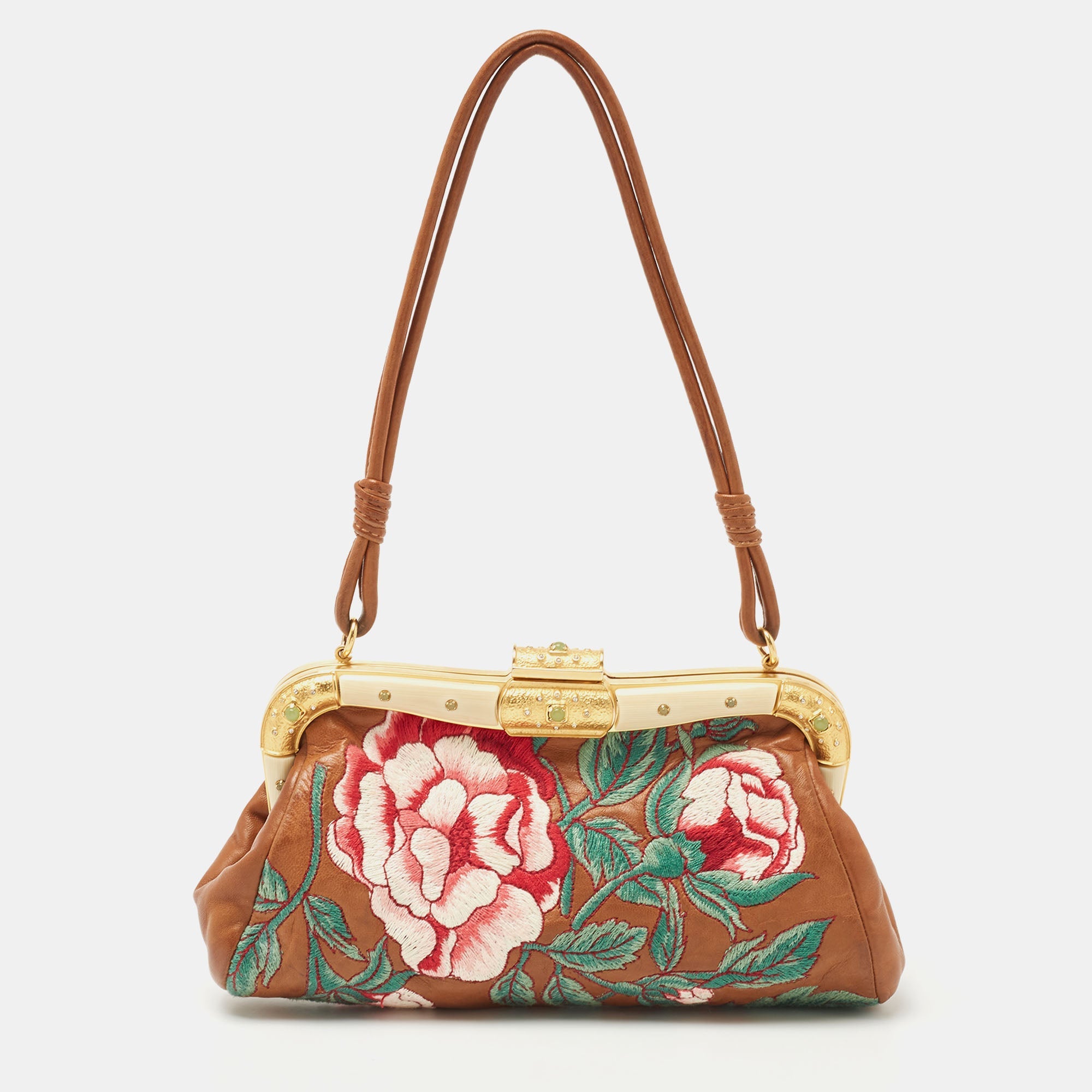 VALENTINO LEATHER FLORAL EMBROIDERED BAGUETTE BAG