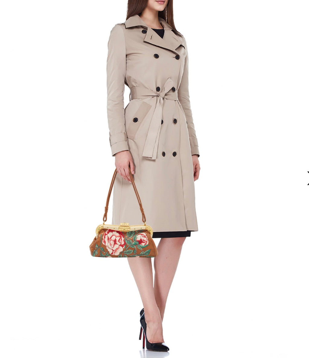 VALENTINO LEATHER FLORAL EMBROIDERED BAGUETTE BAG
