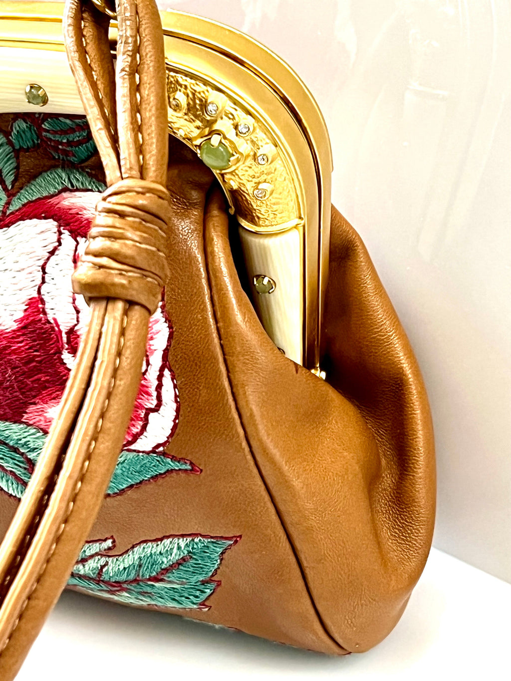 VALENTINO LEATHER FLORAL EMBROIDERED BAGUETTE BAG