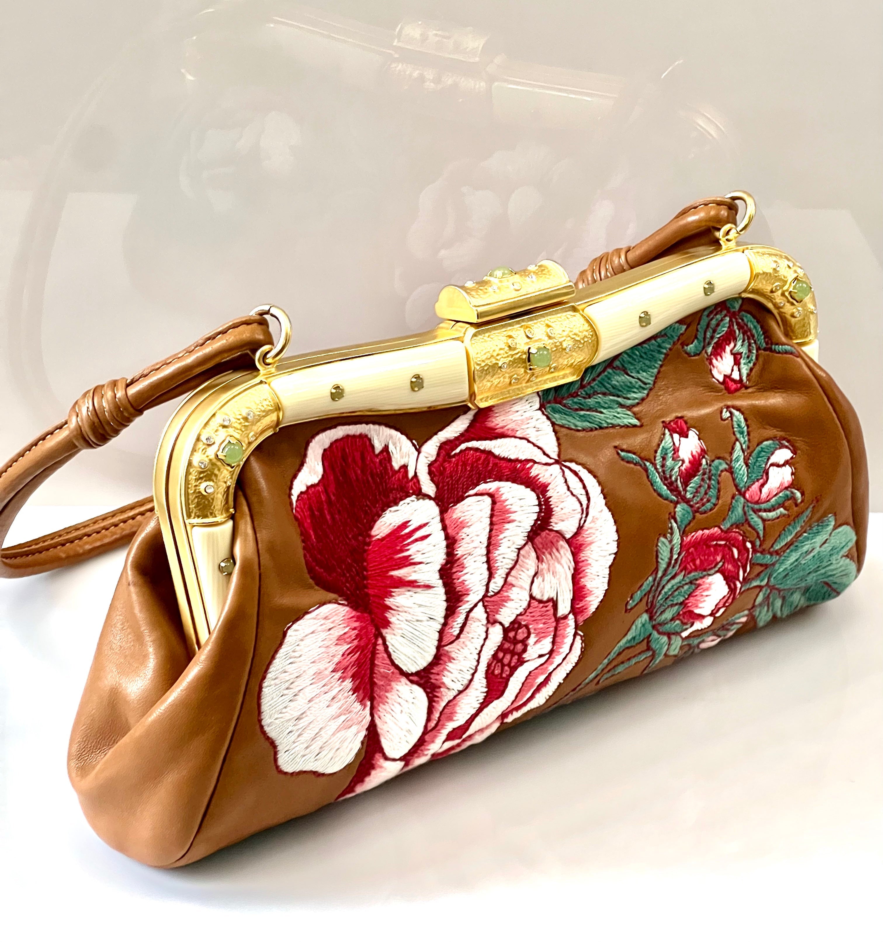 VALENTINO LEATHER FLORAL EMBROIDERED BAGUETTE BAG