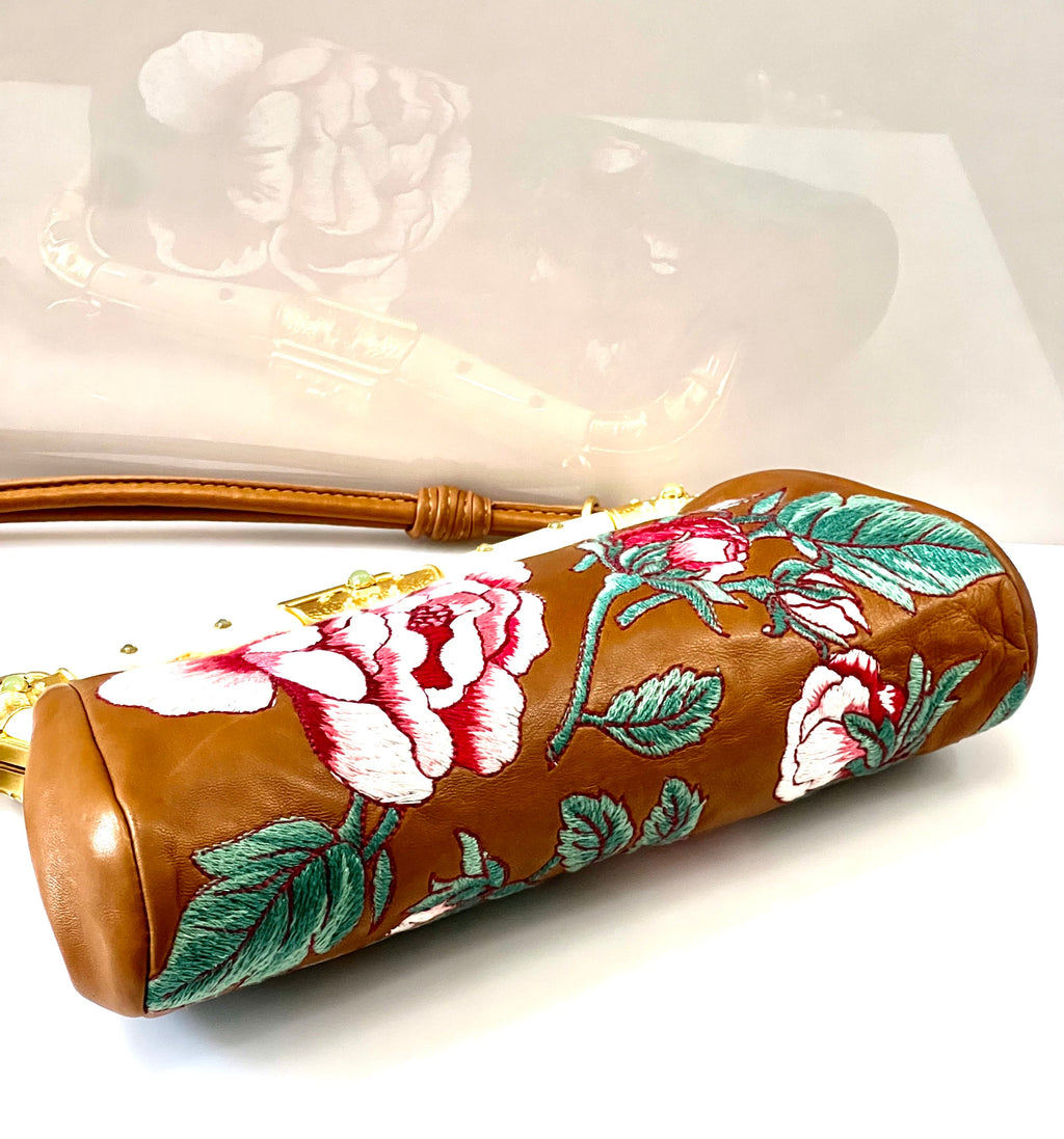 VALENTINO LEATHER FLORAL EMBROIDERED BAGUETTE BAG