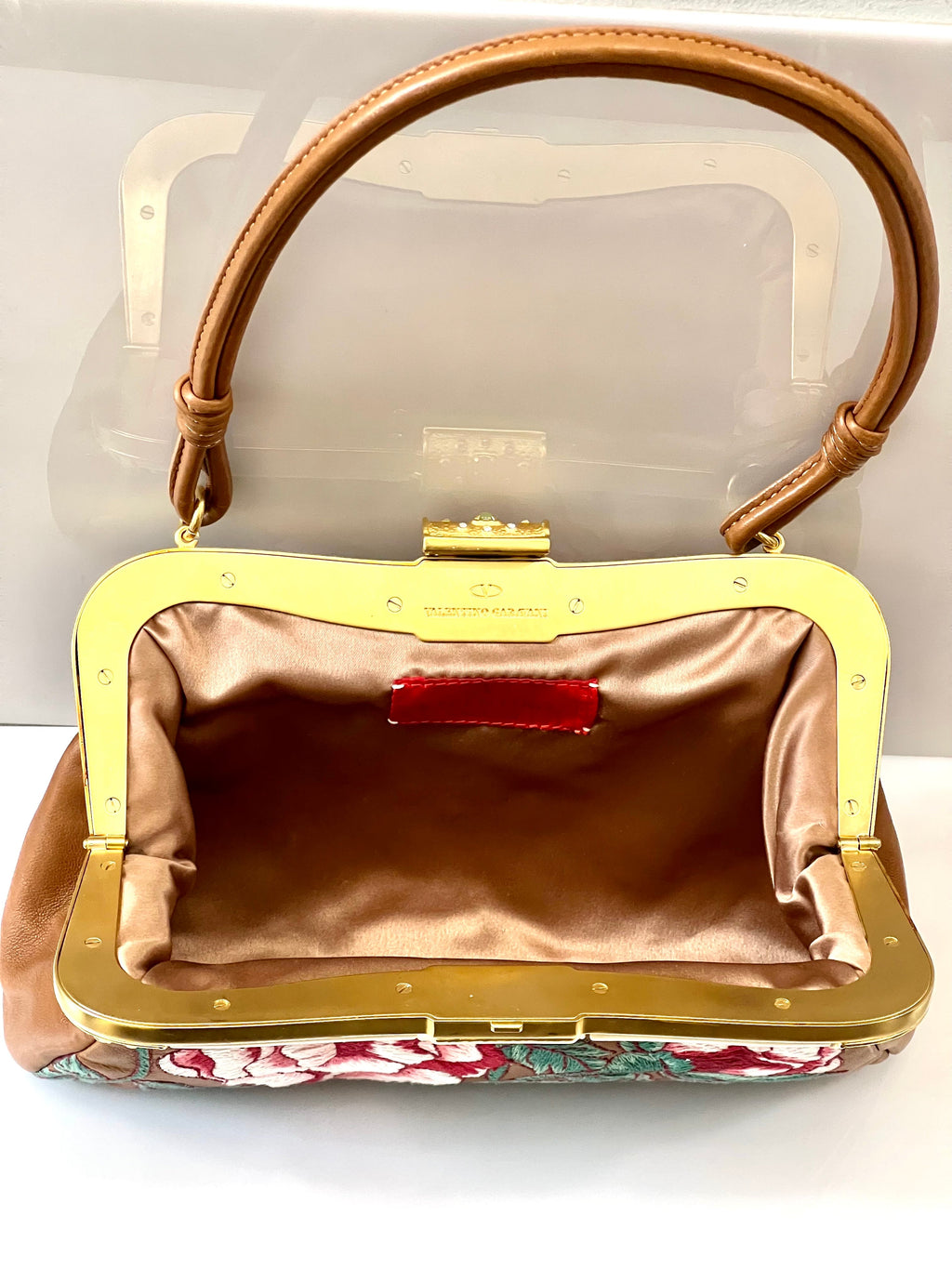 VALENTINO LEATHER FLORAL EMBROIDERED BAGUETTE BAG
