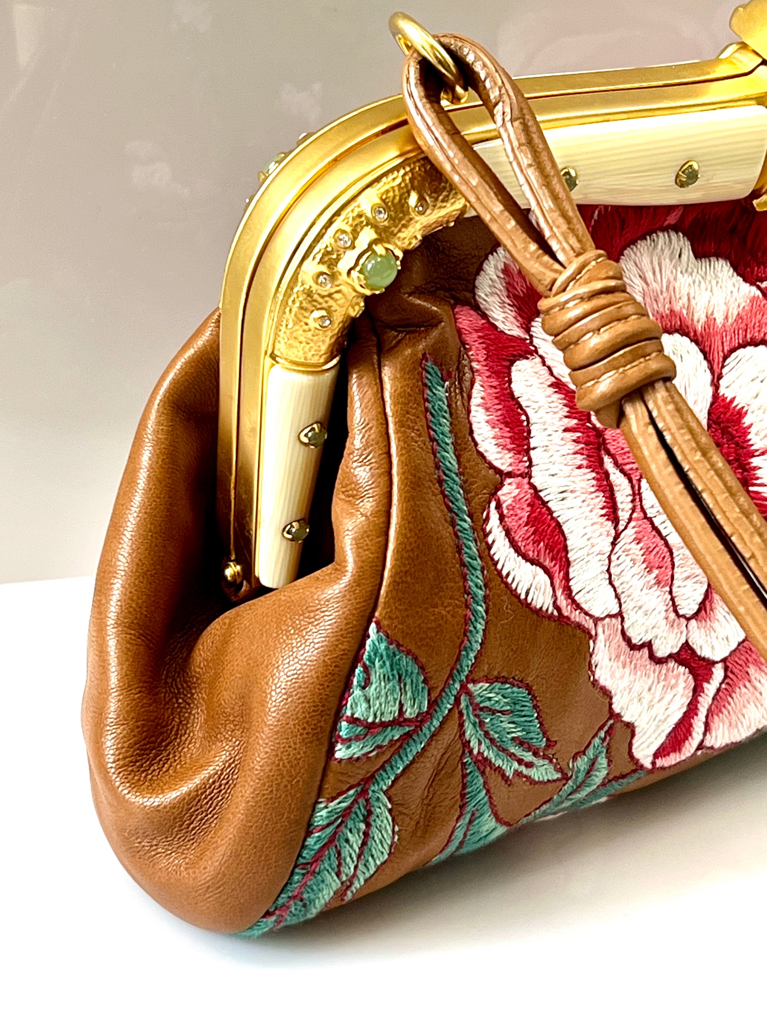 VALENTINO LEATHER FLORAL EMBROIDERED BAGUETTE BAG