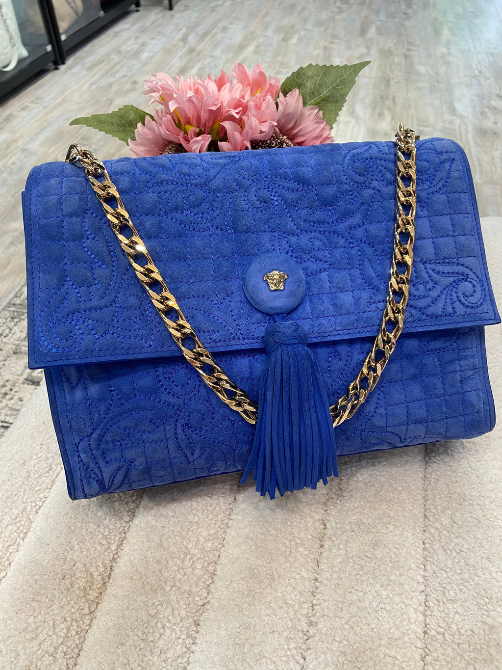 VERSACE MEDUSA BLUE SUEDE VANITAS SHOULDER BAG