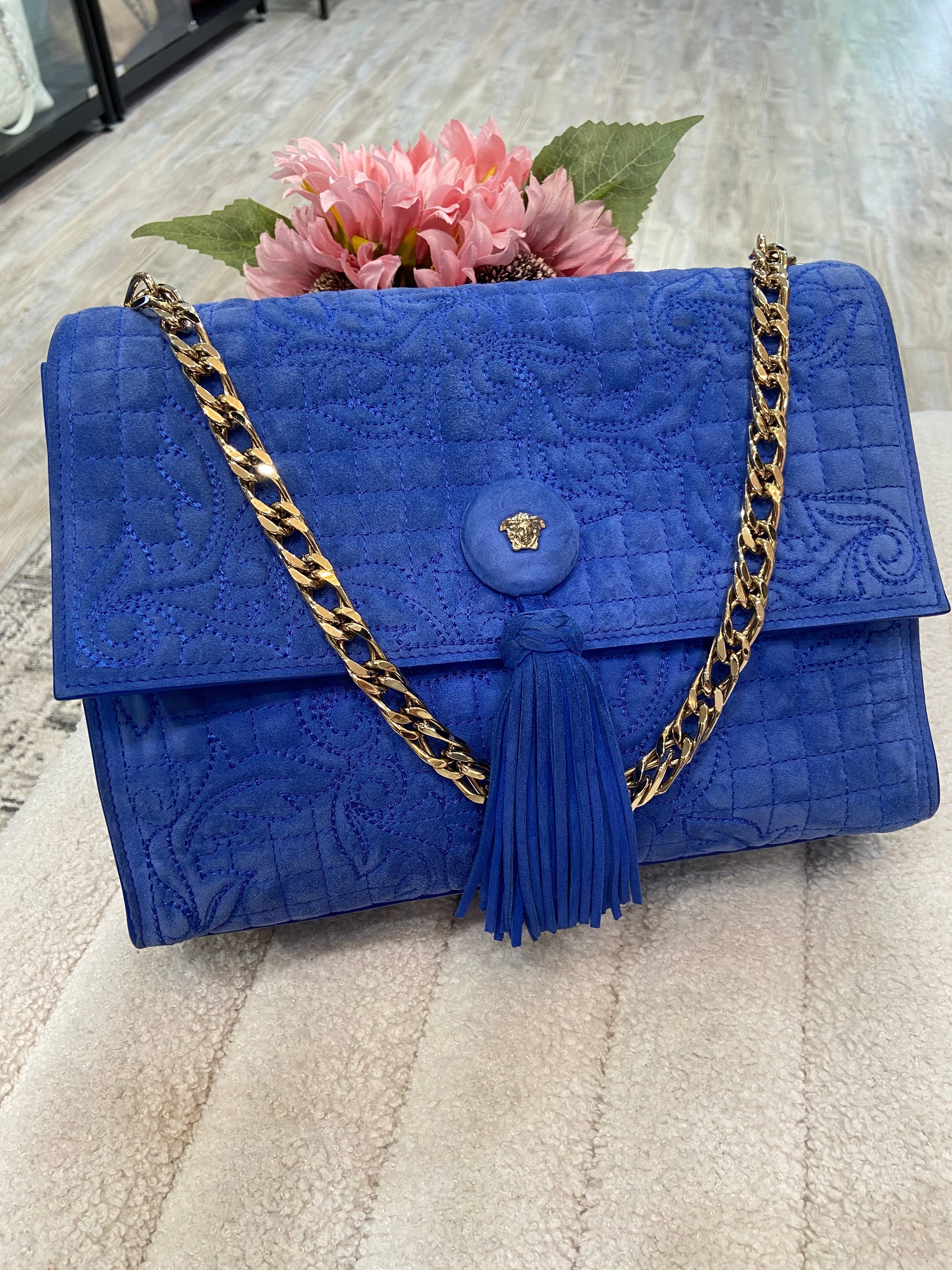 VERSACE MEDUSA BLUE SUEDE VANITAS SHOULDER BAG