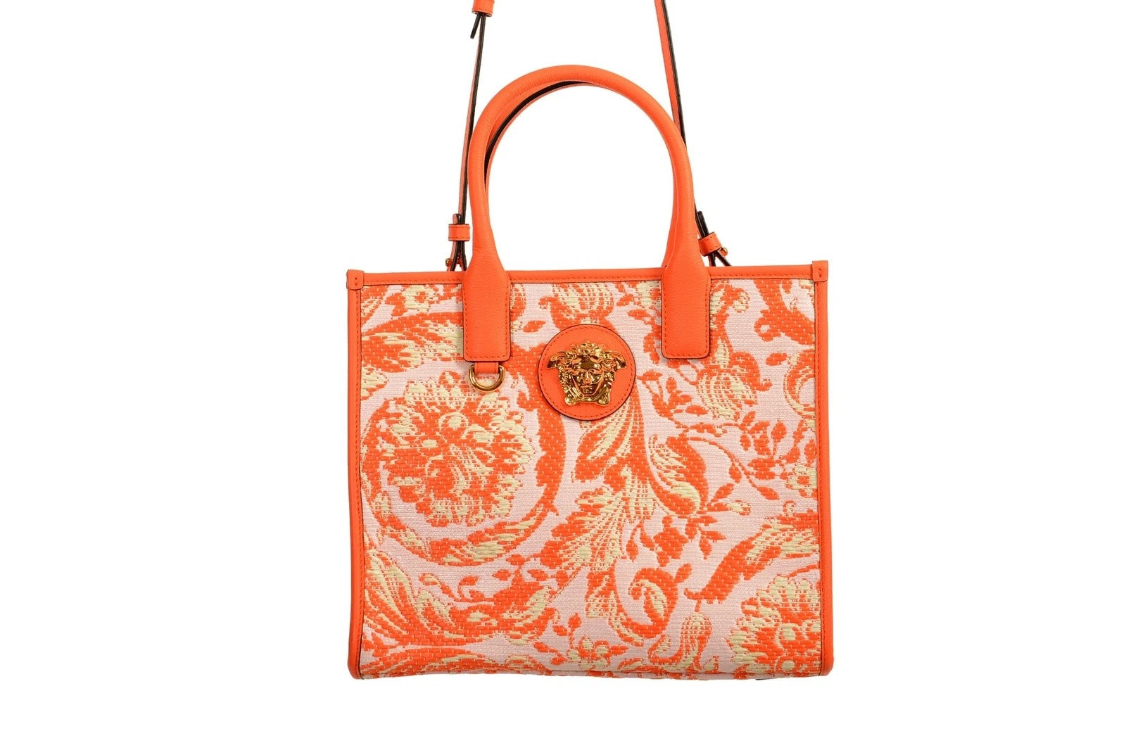 VERSACE BAROCCO RAFIA & LEATHER GOLD MEDUSA LARGE TOTE
