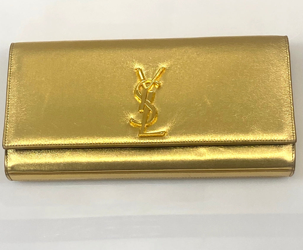 YSL BELLE DE JOUR CALFSKIN LEATHER METALLIC GOLD CLUTCH