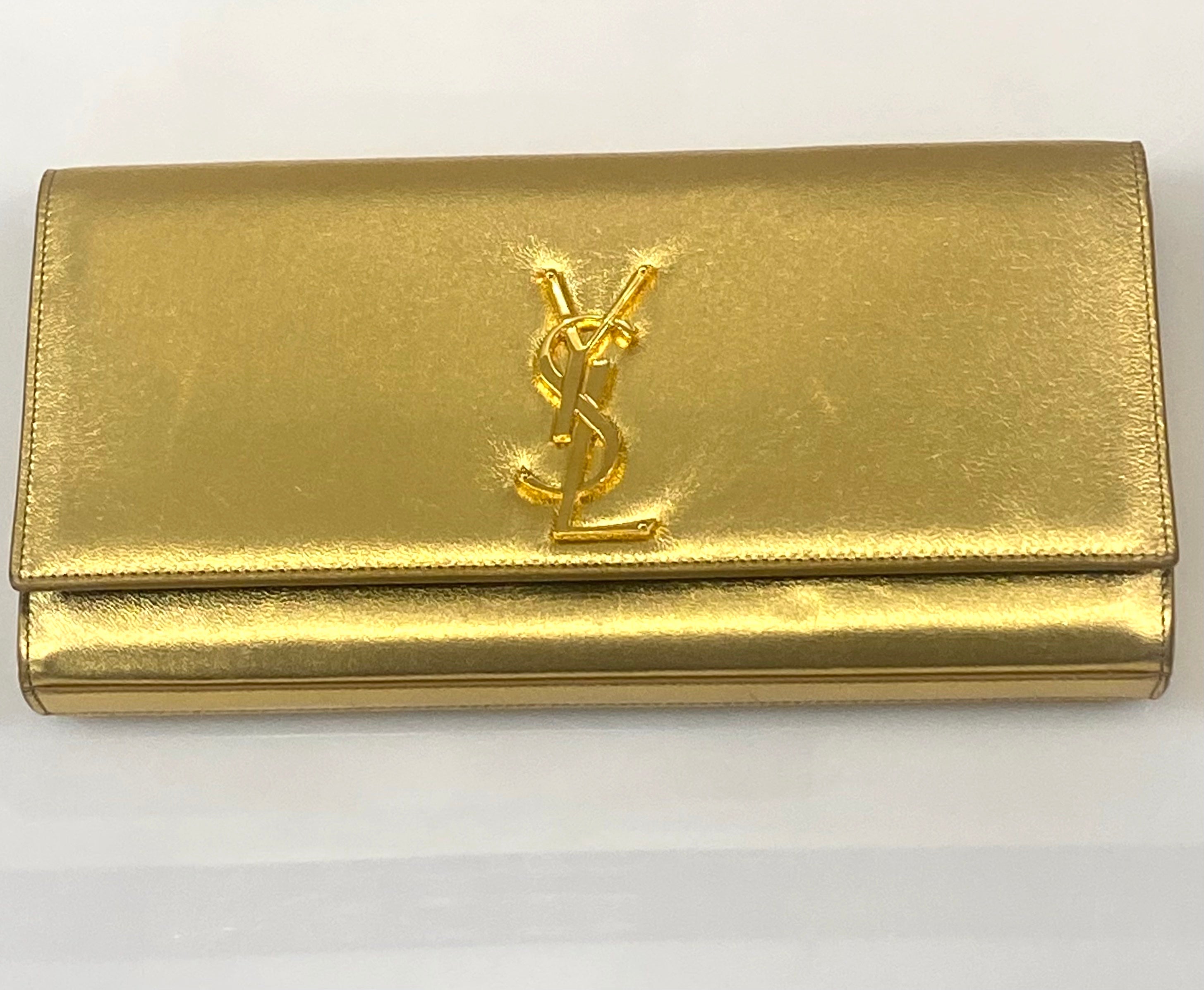 YSL BELLE DE JOUR CALFSKIN LEATHER METALLIC GOLD CLUTCH
