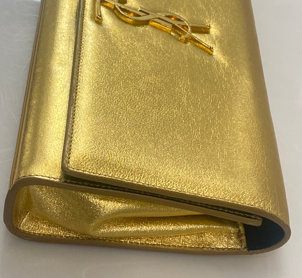 YSL BELLE DE JOUR CALFSKIN LEATHER METALLIC GOLD CLUTCH