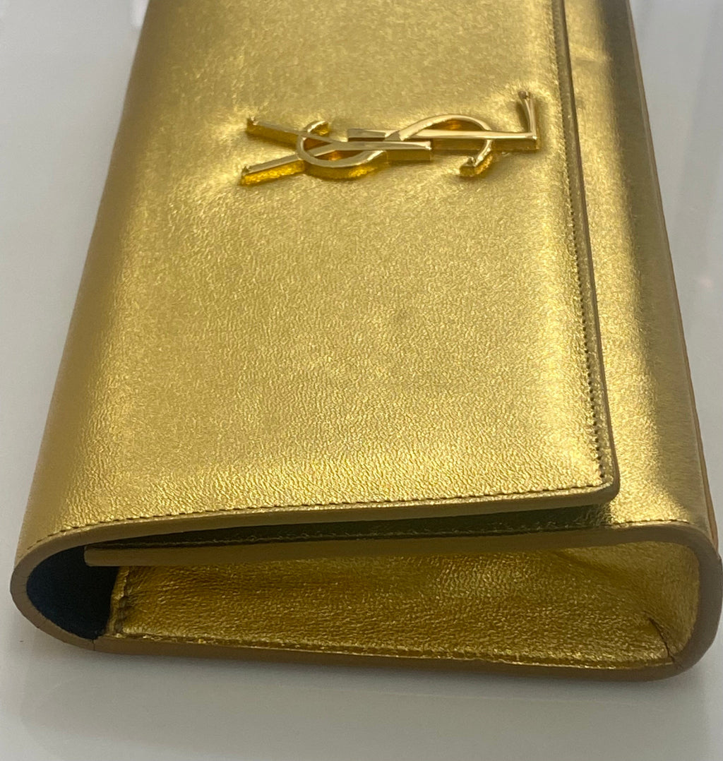 YSL BELLE DE JOUR CALFSKIN LEATHER METALLIC GOLD CLUTCH