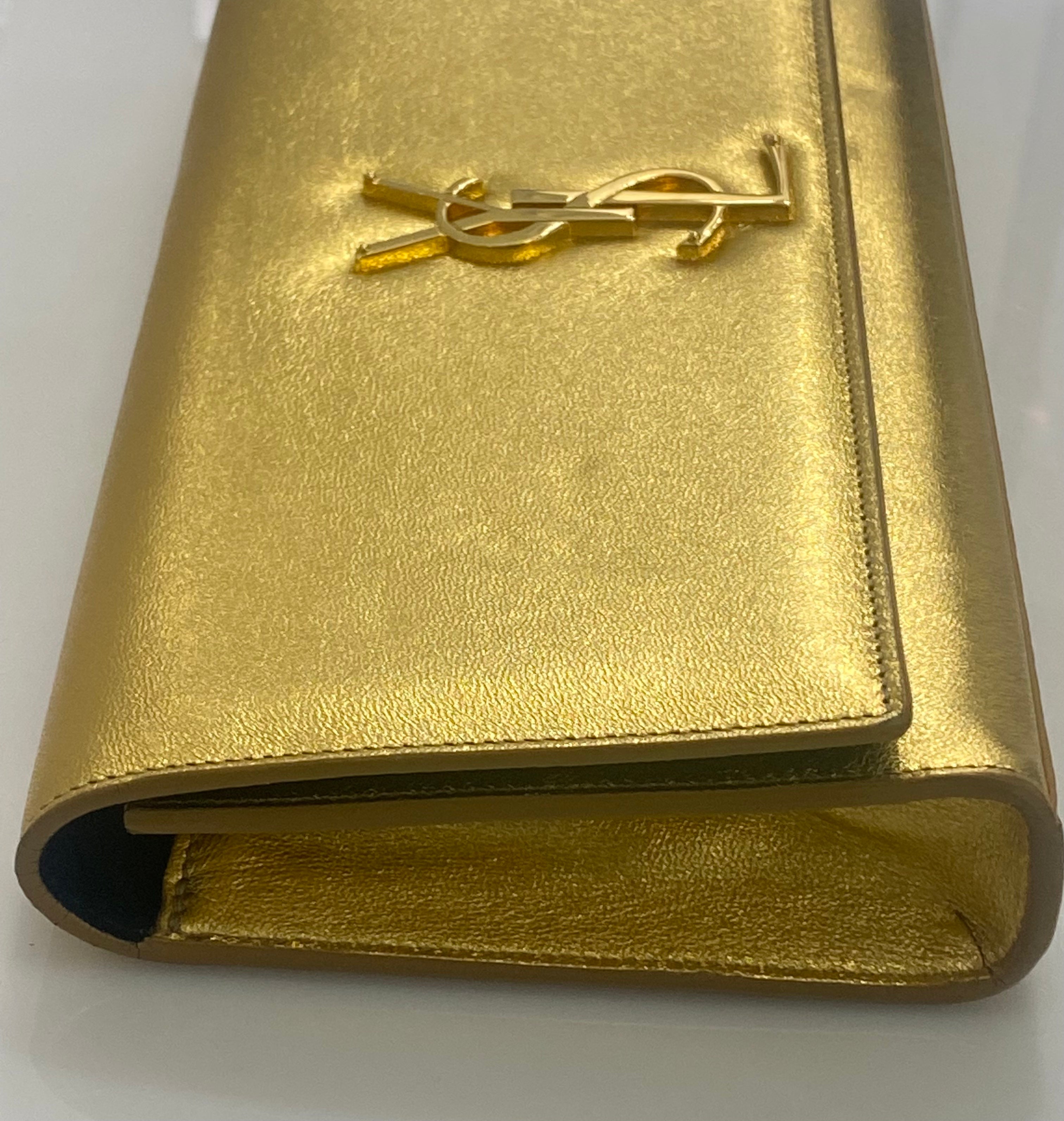 YSL BELLE DE JOUR CALFSKIN LEATHER METALLIC GOLD CLUTCH