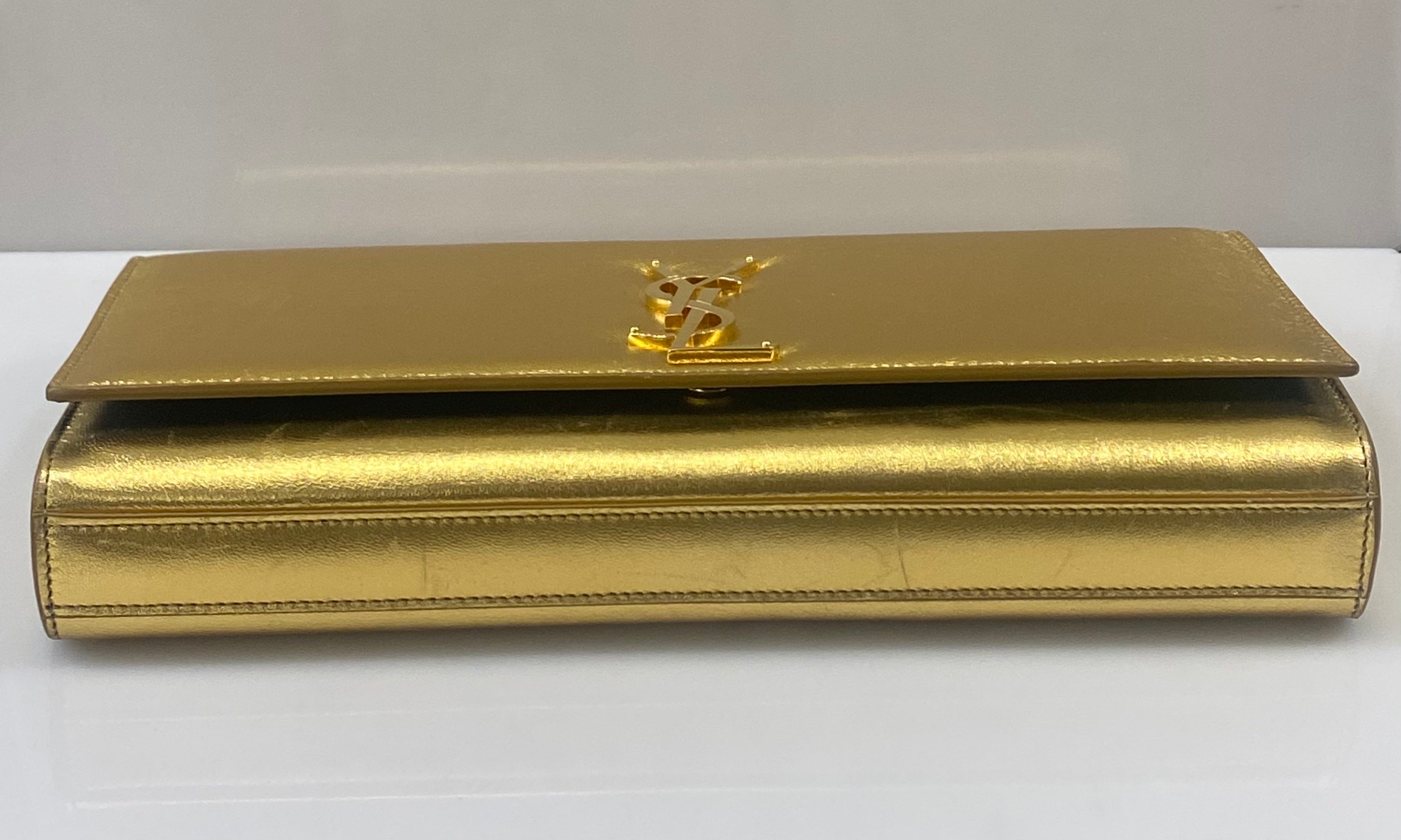 YSL BELLE DE JOUR CALFSKIN LEATHER METALLIC GOLD CLUTCH