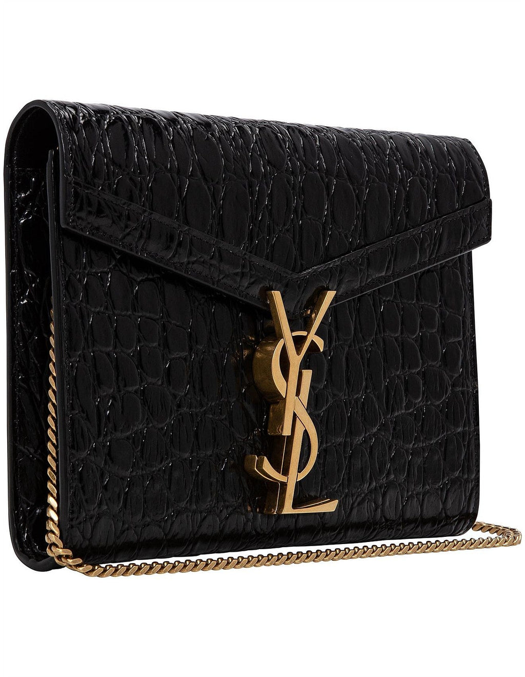 YSL CASSANDRA CALFSKIN LEATHER CROC EMBOSSED WALLET ON A CHAIN