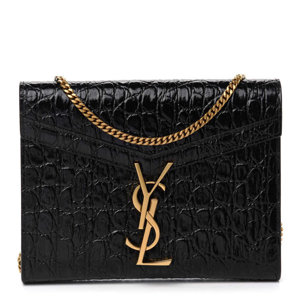 YSL CASSANDRA CALFSKIN LEATHER CROC EMBOSSED WALLET ON A CHAIN