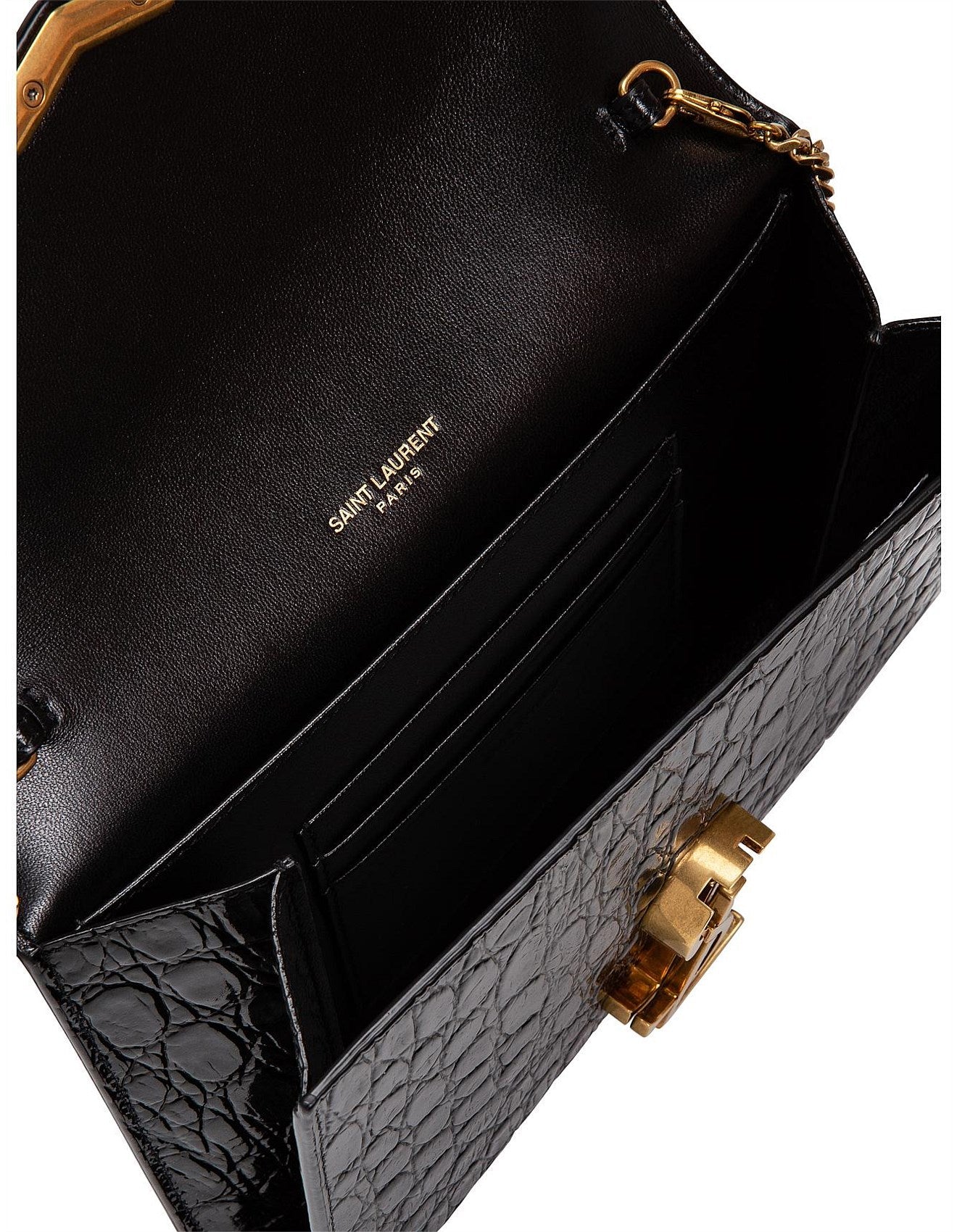 YSL CASSANDRA CALFSKIN LEATHER CROC EMBOSSED WALLET ON A CHAIN