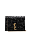 YSL CASSANDRA CALFSKIN LEATHER CROC EMBOSSED WALLET ON A CHAIN