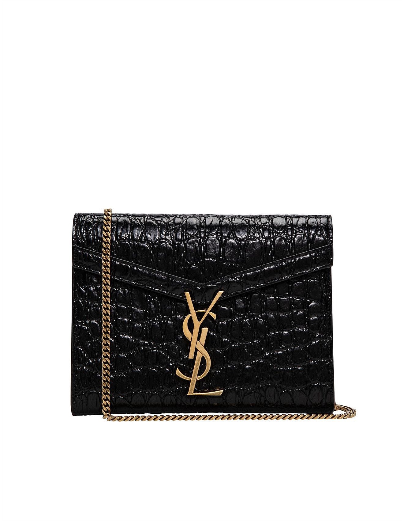 YSL CASSANDRA CALFSKIN LEATHER CROC EMBOSSED WALLET ON A CHAIN