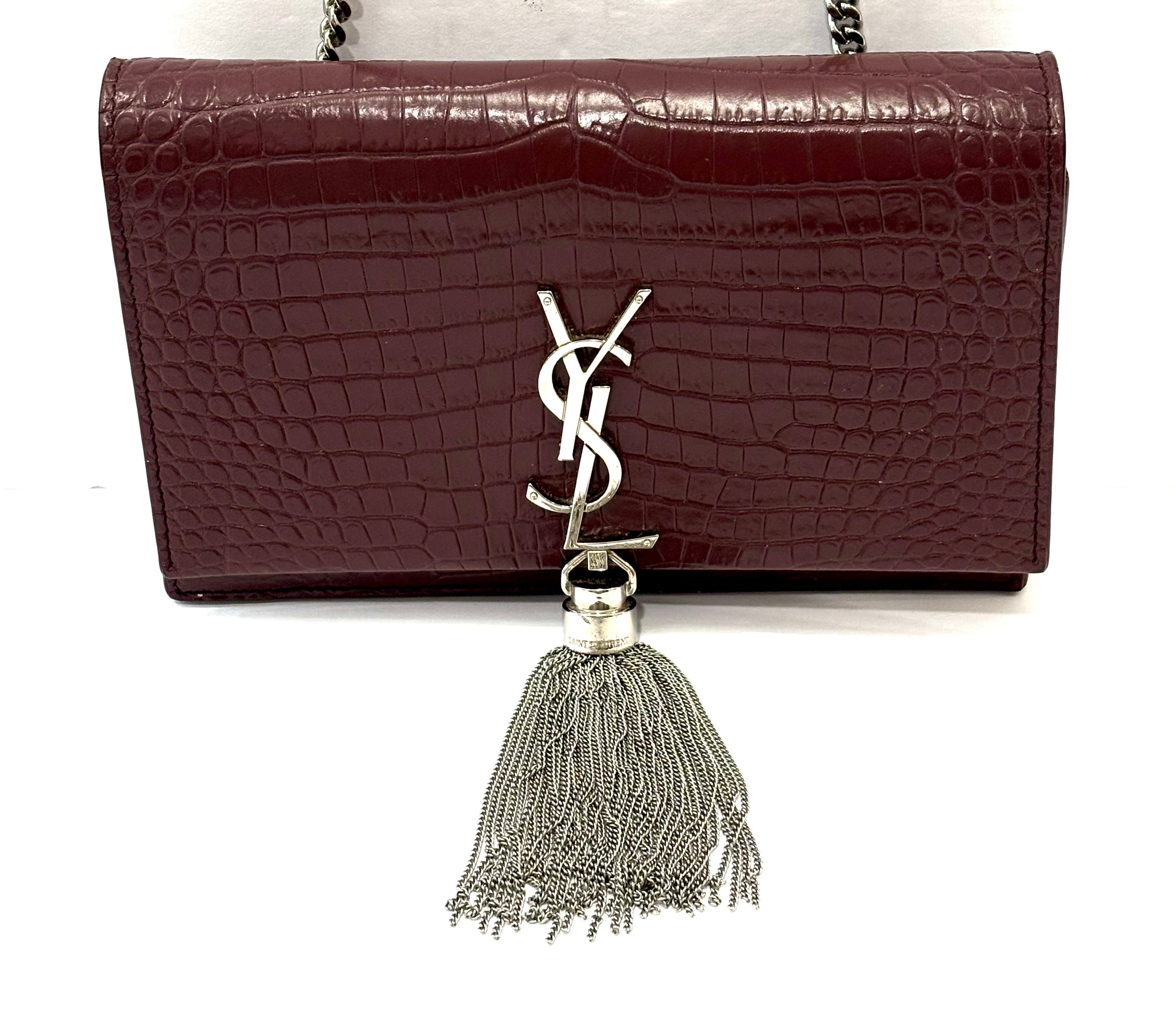 YSL CALFSKIN CROC EMBOSSED KATE MEDIUM TASSEL CHAIN BAG