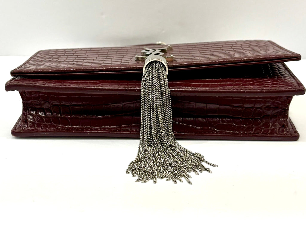 YSL CALFSKIN CROC EMBOSSED KATE MEDIUM TASSEL CHAIN BAG