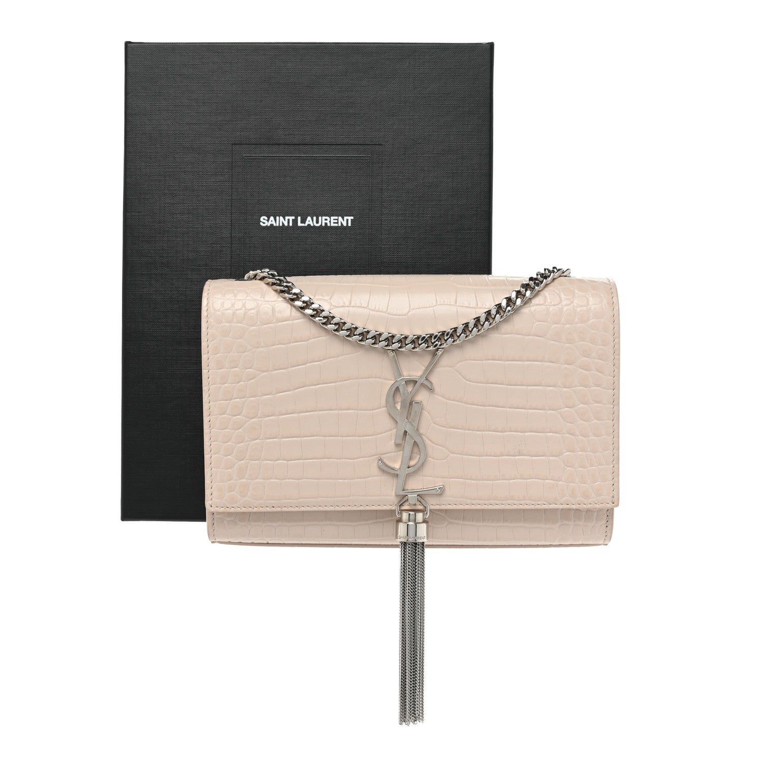 YSL CROC EMBOSSED CALFSKIN MONOGRAM KATE SMALL TASSEL BAG