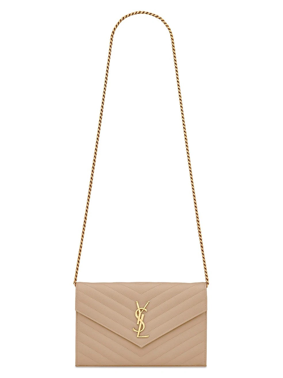 YSL CASSANDRE MATELASSÉ CHAIN WALLET IN GRAIN DE POUDRE EMBOSSED LEATHER