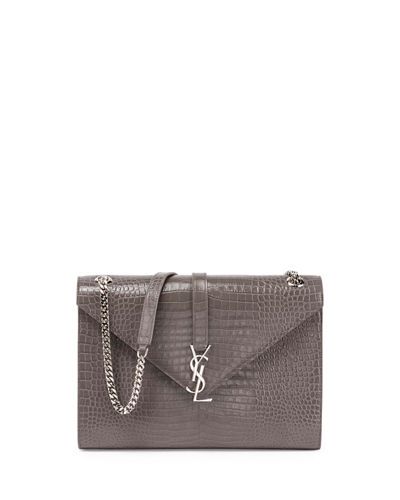 YSL CROC EMBOSSED LEATHER MONOGRAM LARGE SHOULDER BAG
