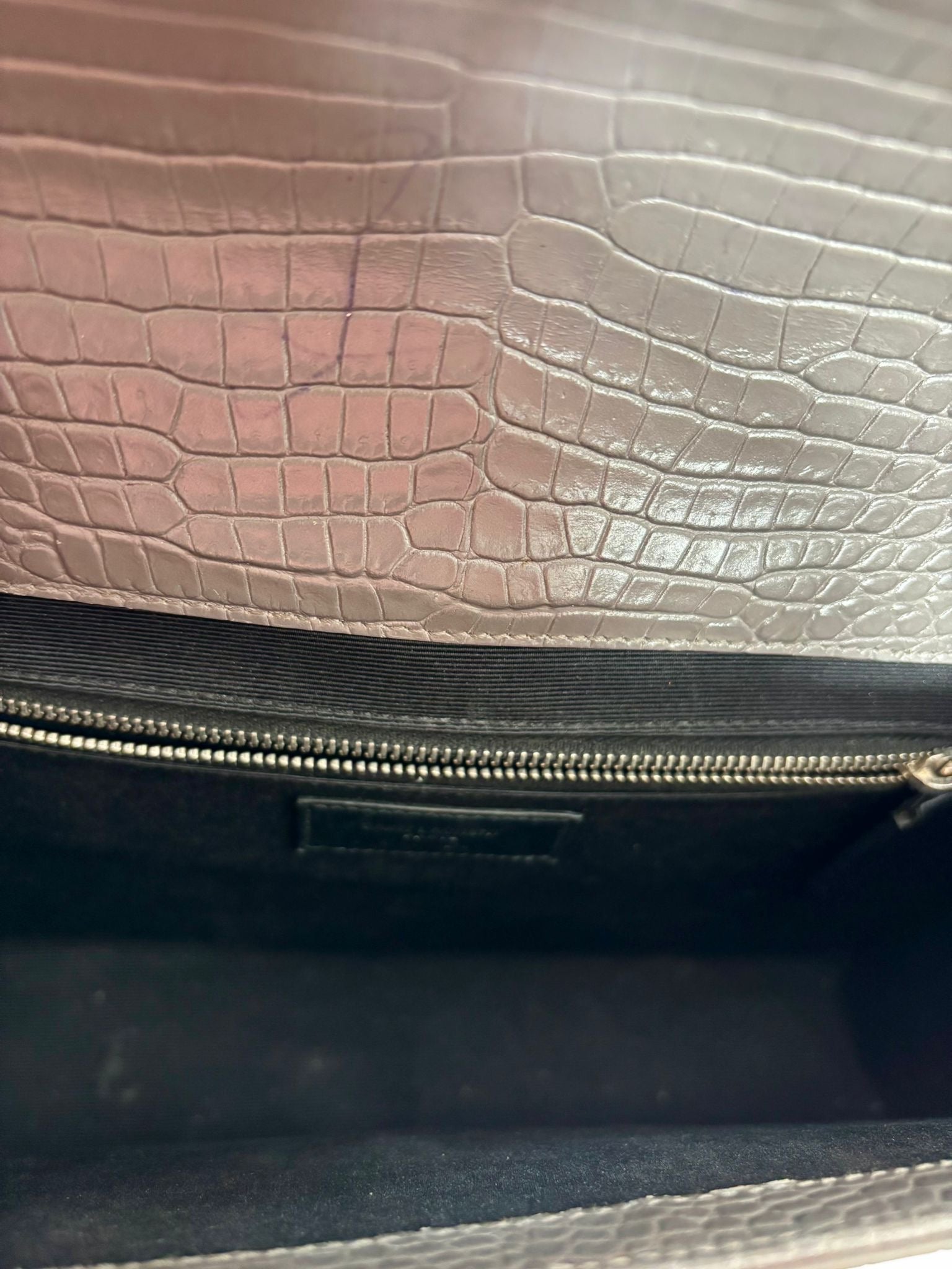 YSL CROC EMBOSSED LEATHER MONOGRAM LARGE SHOULDER BAG
