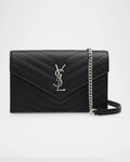 YSL GRAIN DE POUDRE CALFSKIN LEATHER MONOGRAM WALLET ON CHAIN