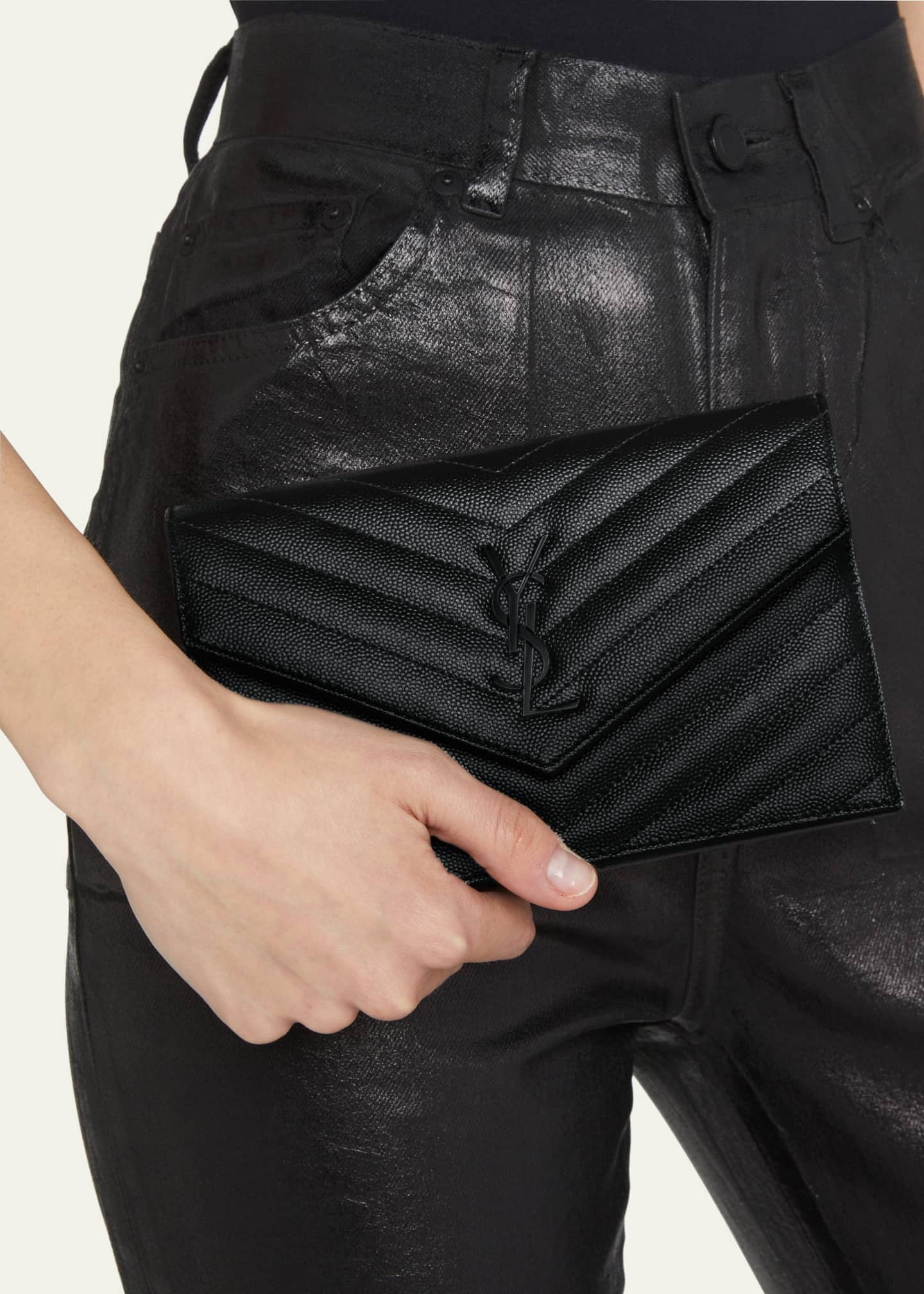 YSL GRAIN DE POUDRE GRAINED LEATHER WALLET ON A CHAIN