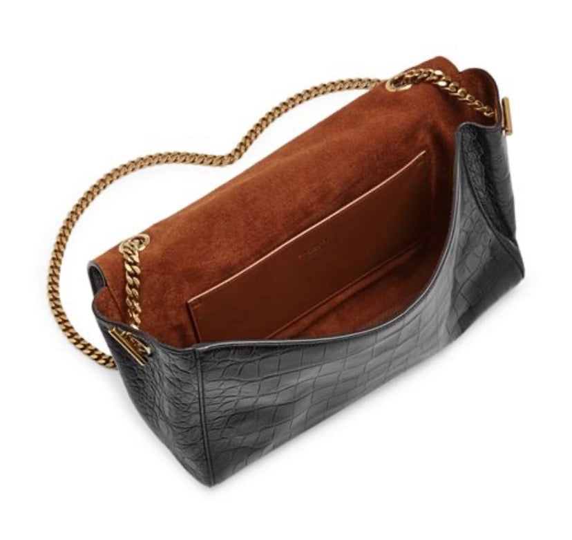 YSL KATE REVERSIBLE CROC EMBOSSED LEATHER & SUEDE MEDIUM SHOULDER BAG