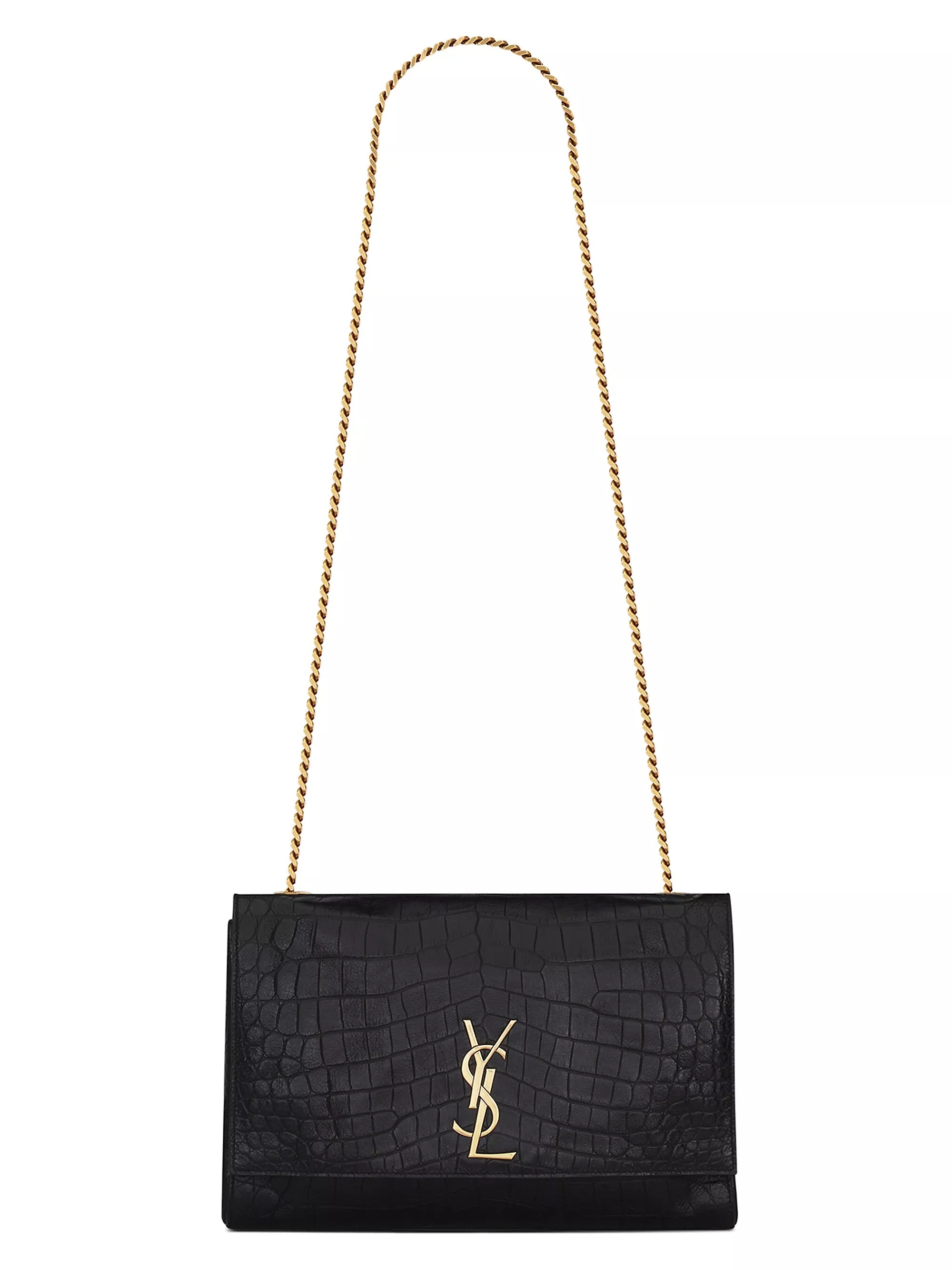 YSL KATE REVERSIBLE CROC EMBOSSED LEATHER & SUEDE MEDIUM SHOULDER BAG