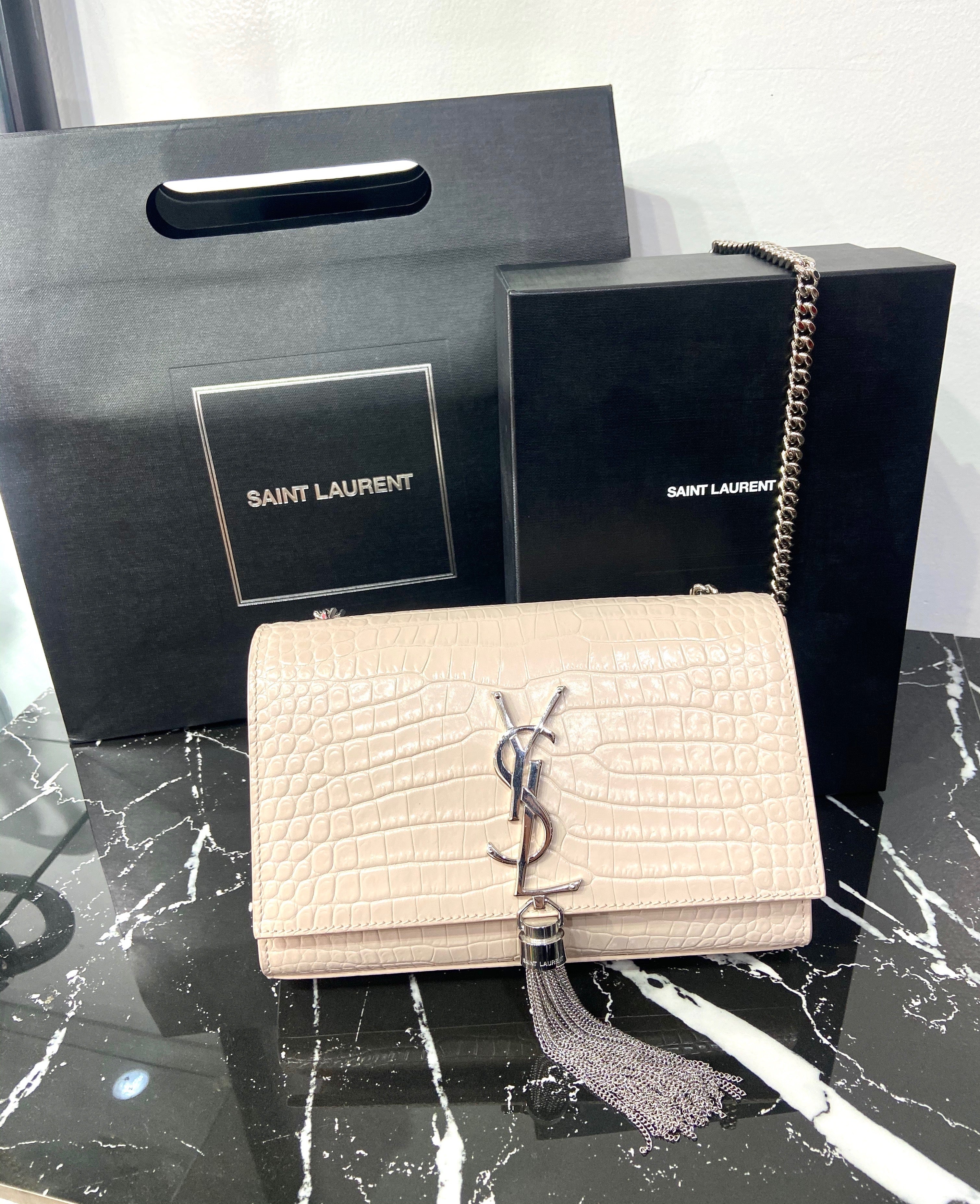 YSL KATE SMALL CROCODILE-EMBOSSED LEATHER TASSEL CROSSBODY
