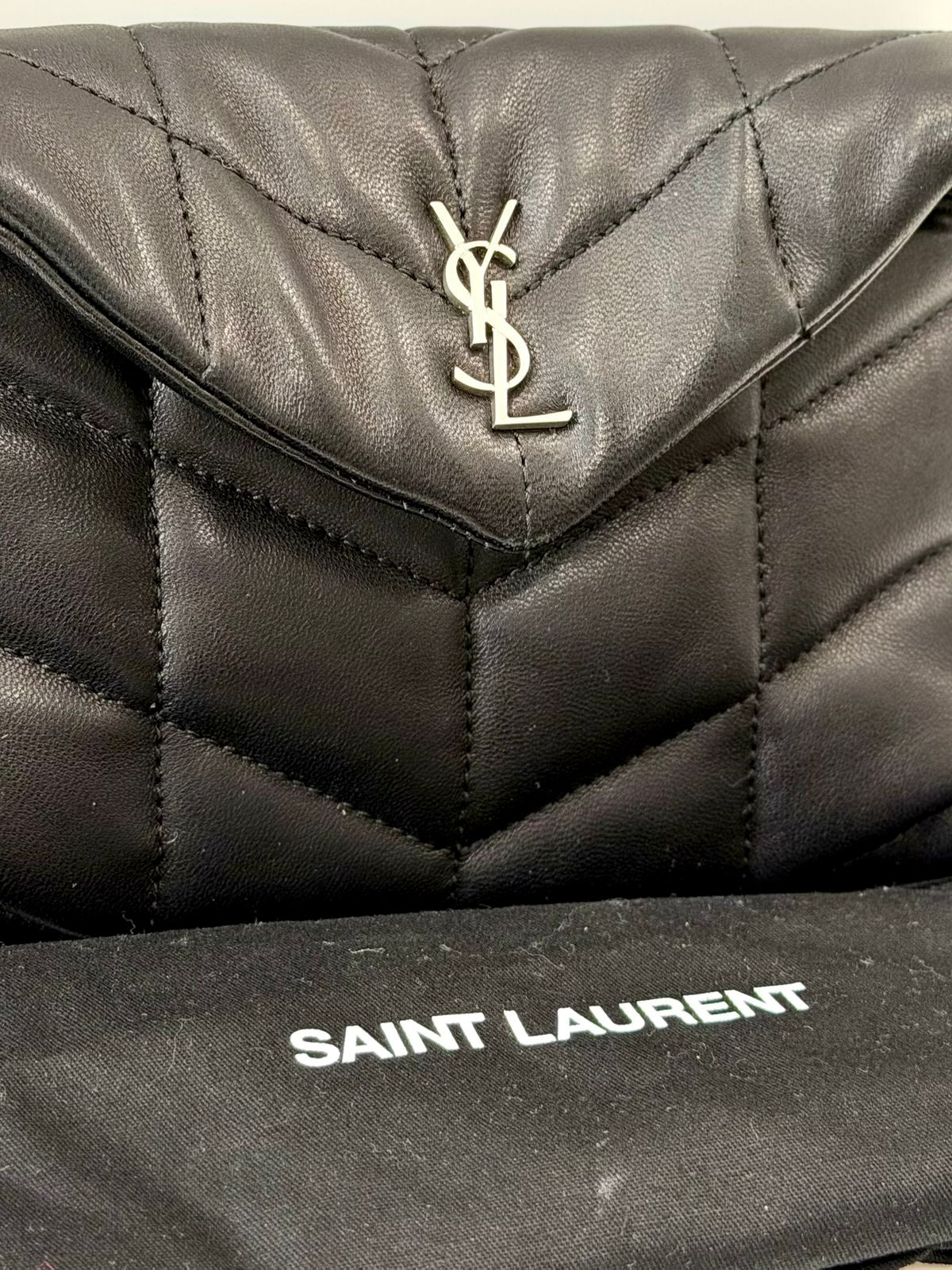 YSL LAMBSKIN LEATHER MONOGRAM LOULOU PUFFER CLUTCH BAG