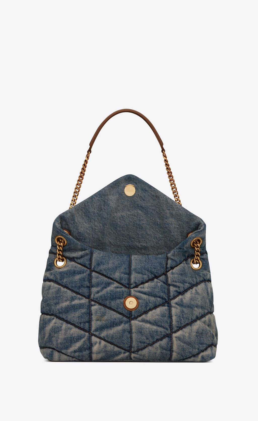 YSL PUFFER MEDIUM CHAIN BAG QUILTED VINTAGE DENIM & SUEDE