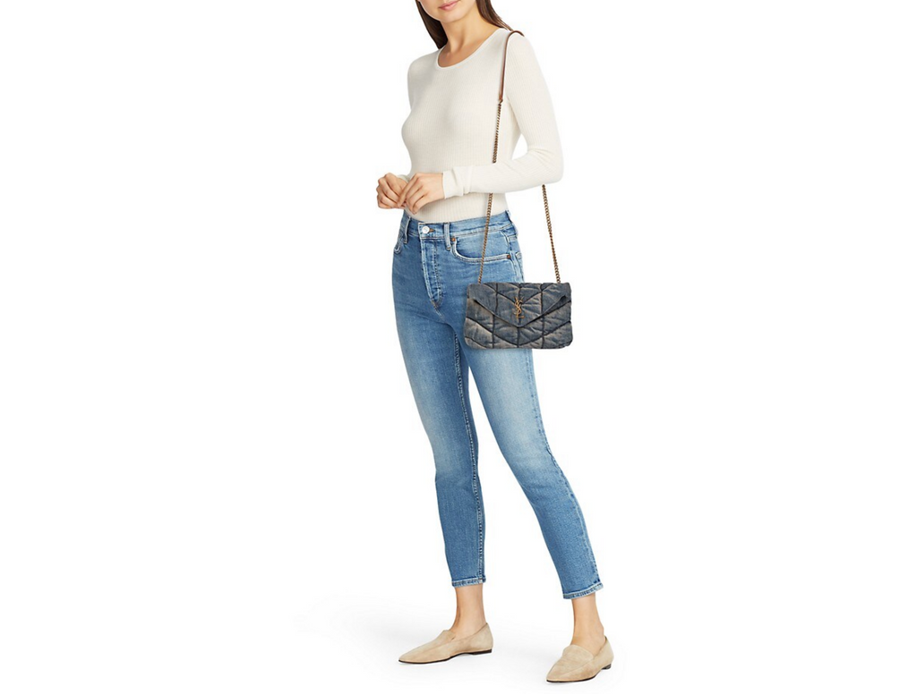 YSL PUFFER MEDIUM CHAIN BAG QUILTED VINTAGE DENIM & SUEDE