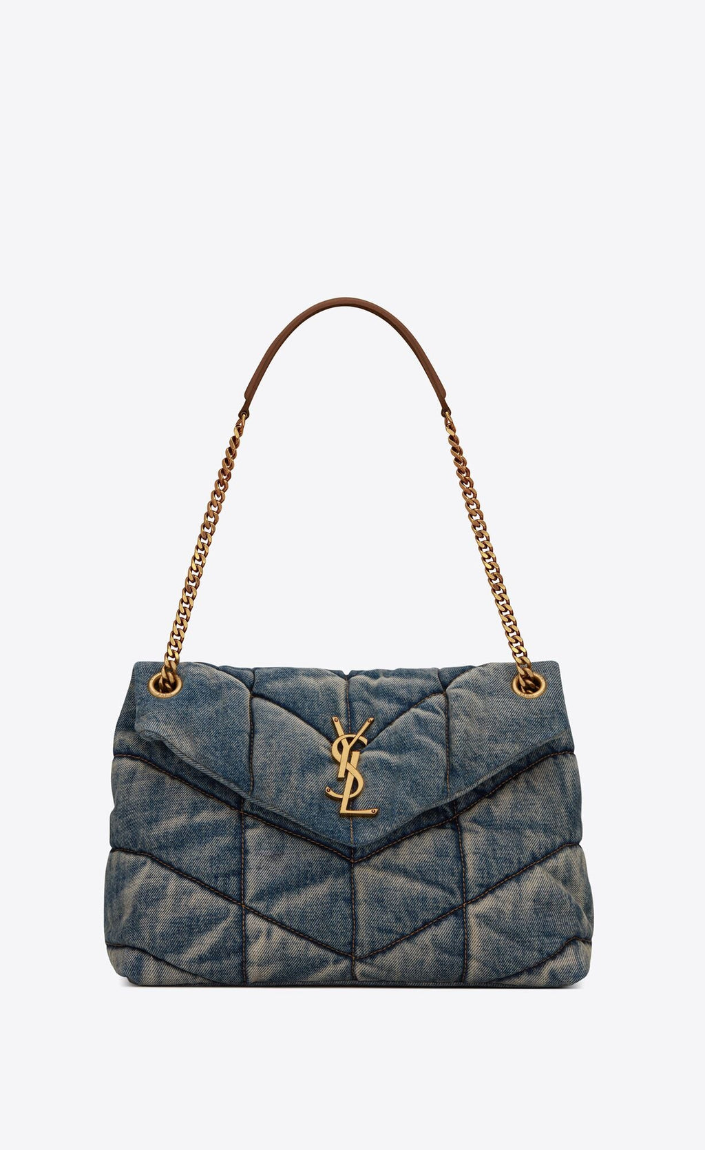 YSL PUFFER MEDIUM CHAIN BAG QUILTED VINTAGE DENIM & SUEDE