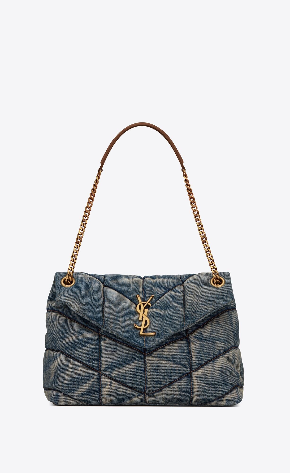YSL PUFFER MEDIUM CHAIN BAG QUILTED VINTAGE DENIM & SUEDE