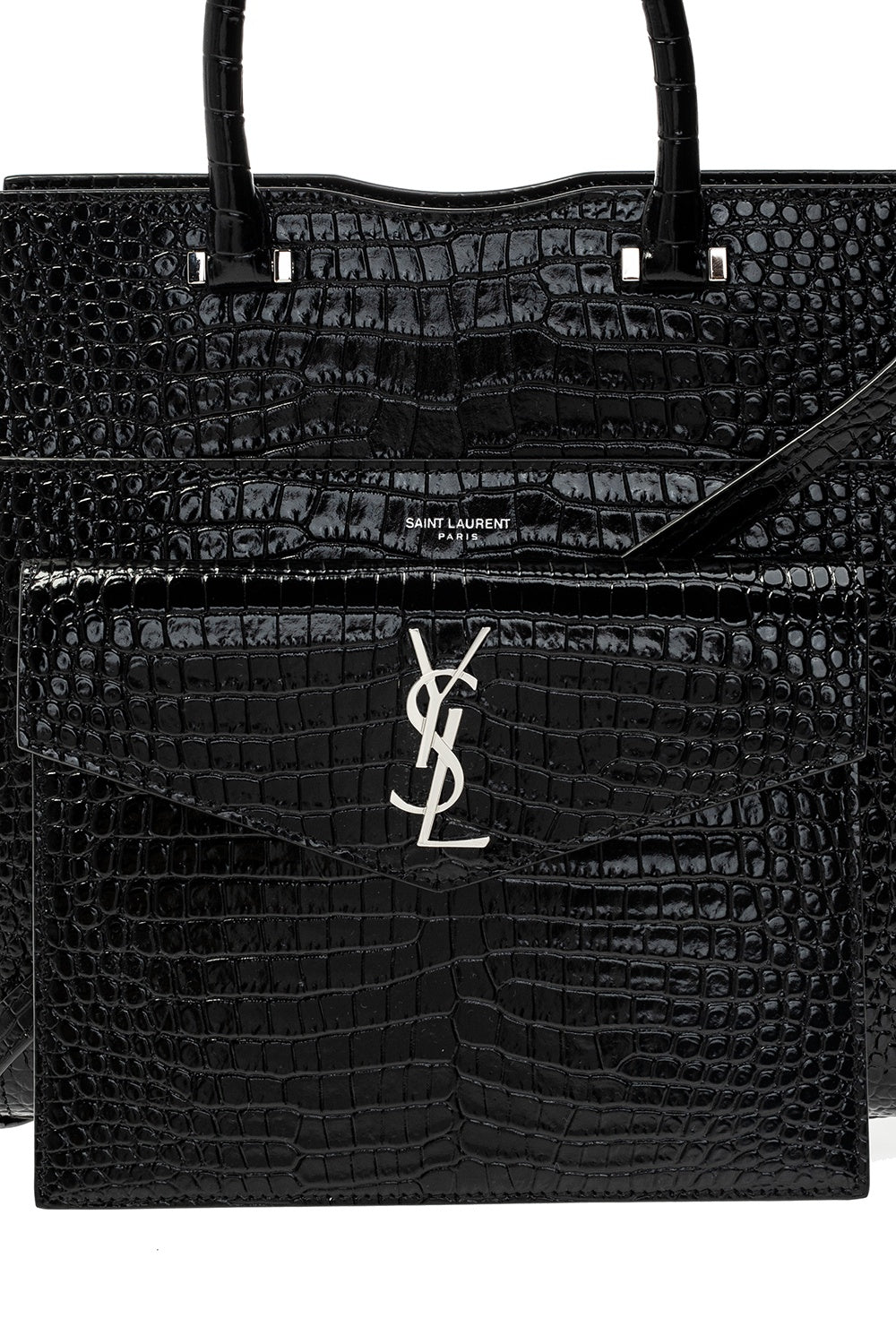 YSL SAINT LAURENT CROC CALFSKIN EMBOSSED MEDIUM UPTOWN TOTE