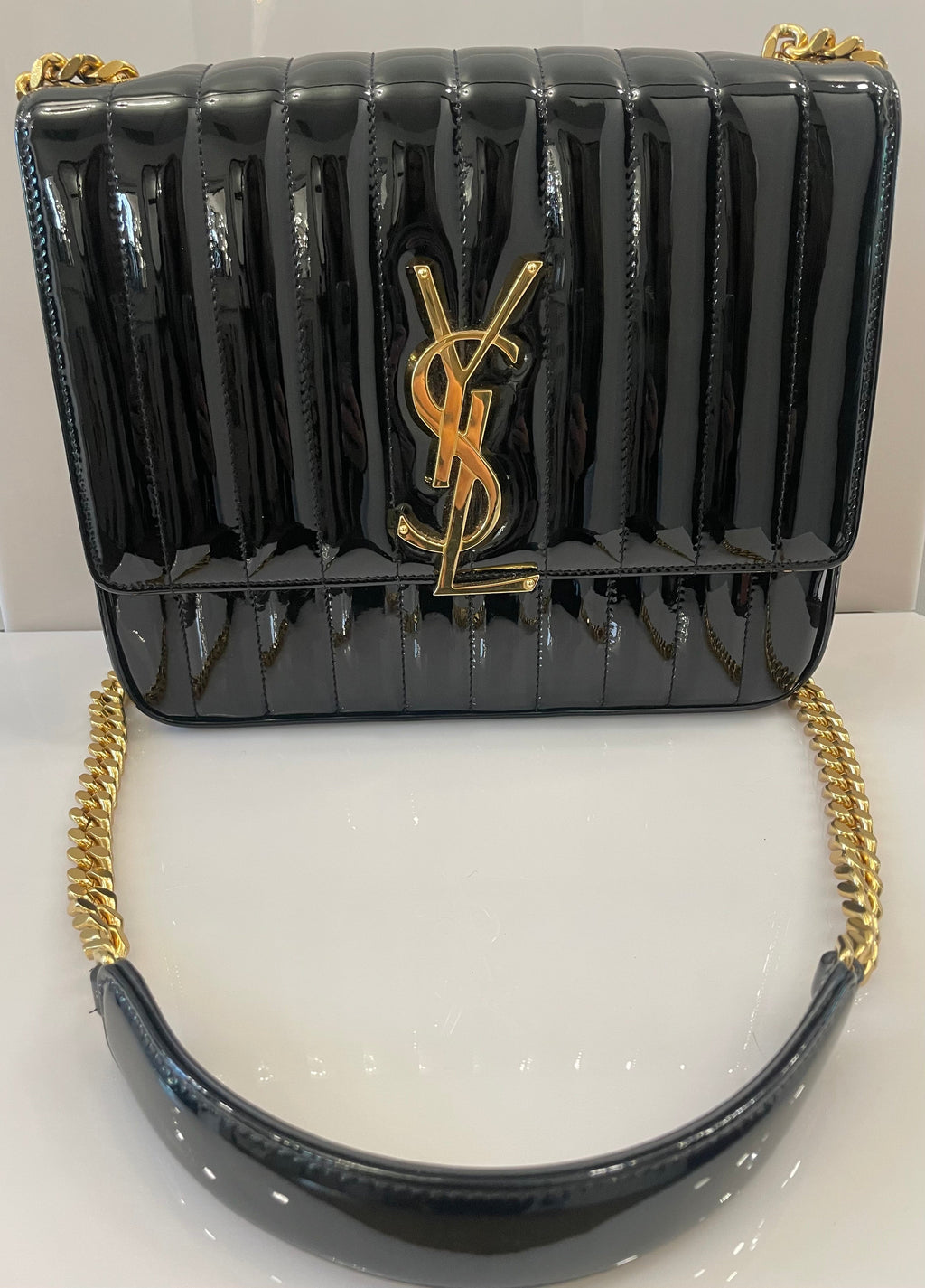 YSL PATENT CALFSKIN MONOGRAM LARGE VICKY CHAIN BAG