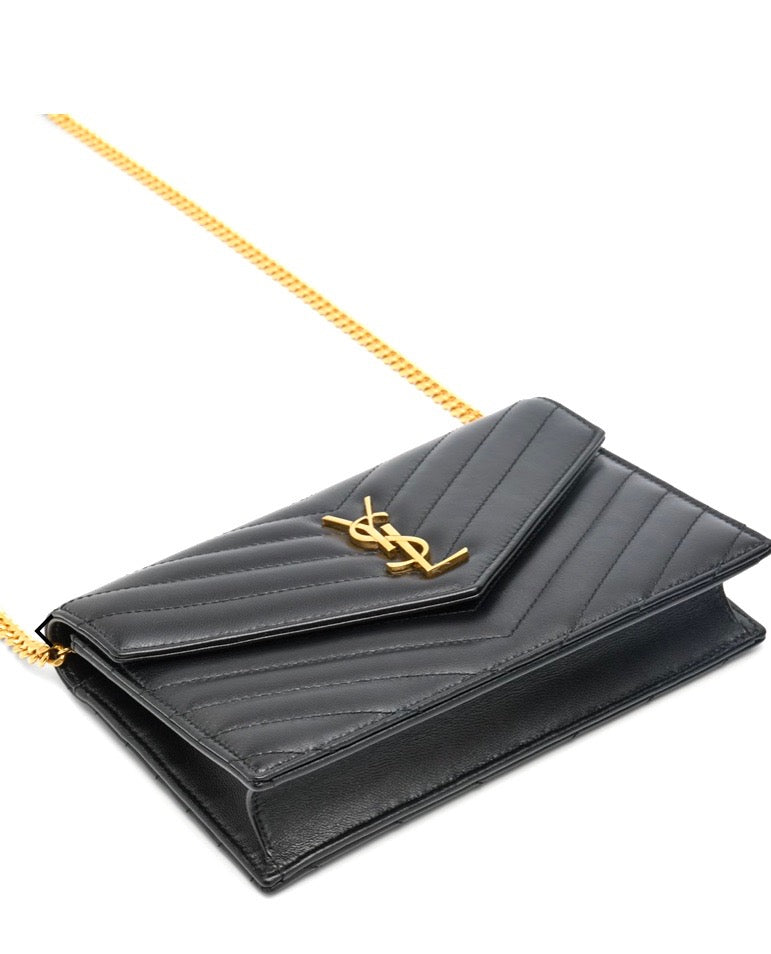 YSL SMALL QUILTED CALFSKIN LEATHER WALLET ON A CHAIN