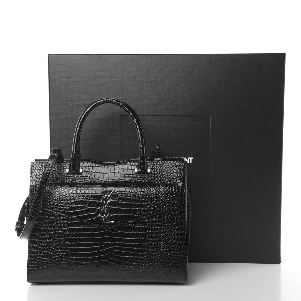YSL SAINT LAURENT CROC CALFSKIN EMBOSSED MEDIUM UPTOWN TOTE