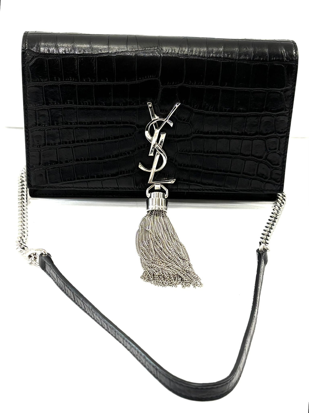 YSL KATE TASSEL CHAIN STRAP CROC EMBOSSED SHOULDER BAG