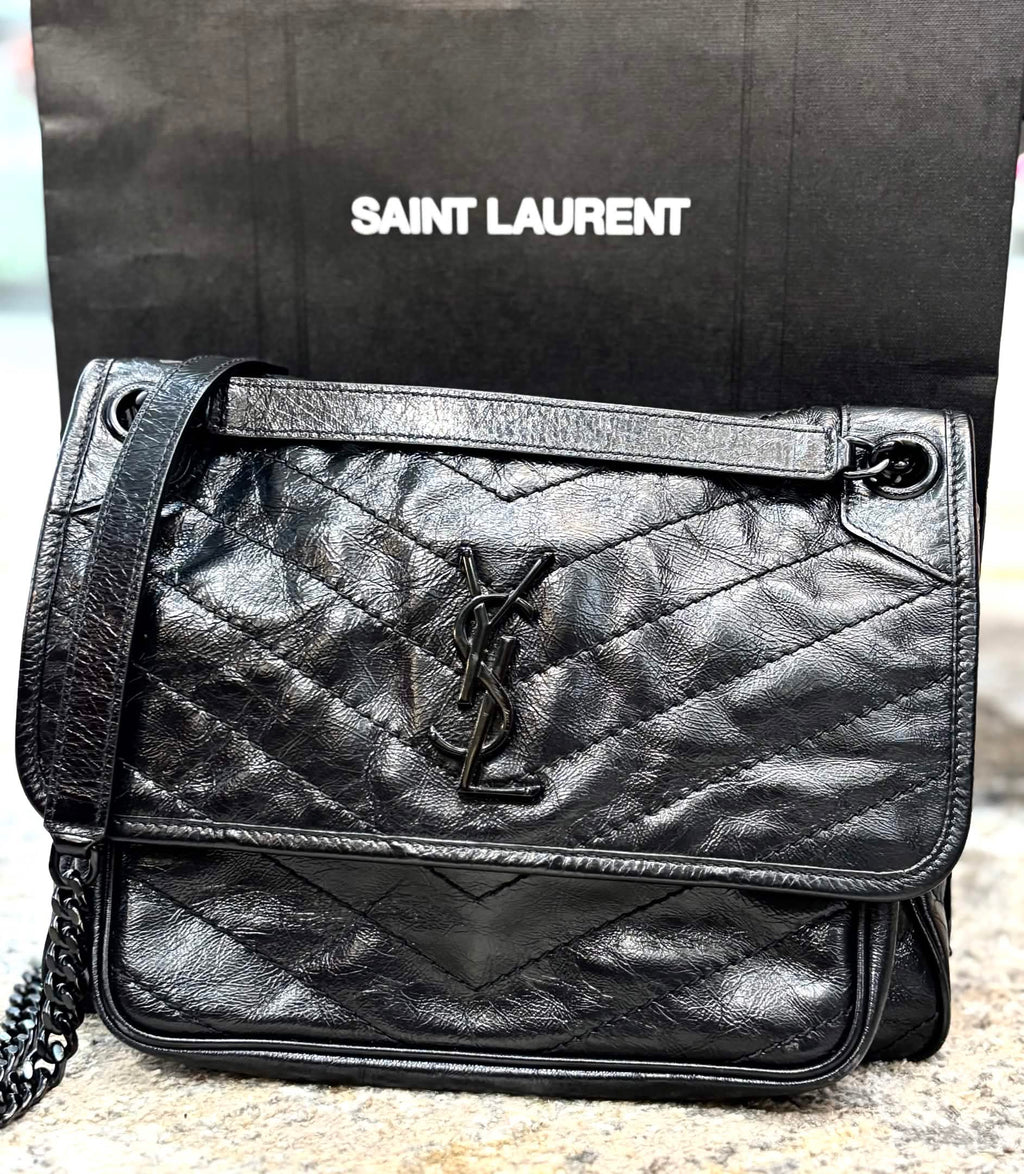 YSL NIKI CRINKLED LEATHER MEDIUM FLAP SHOULDER BAG