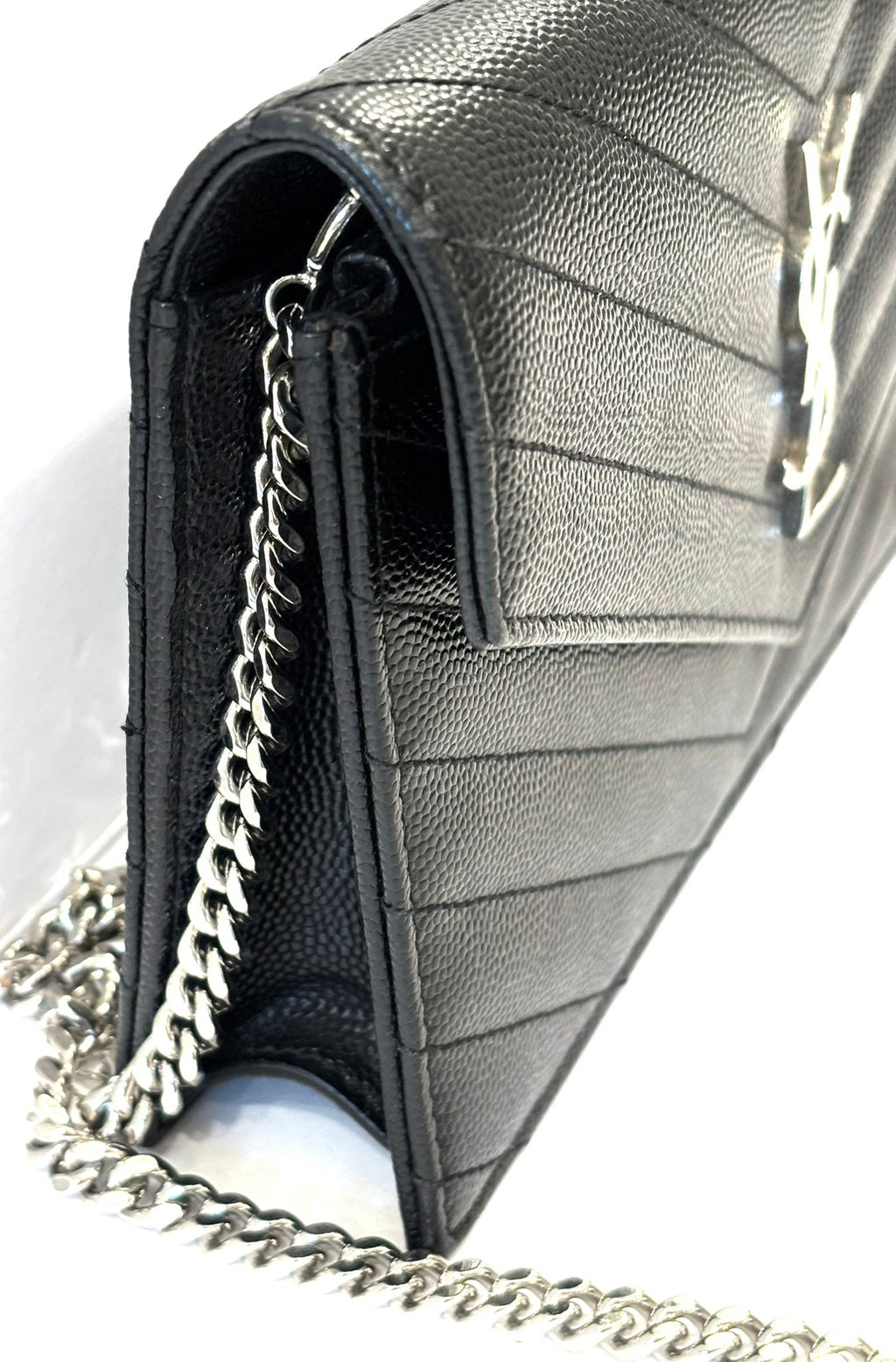 YSL GRAIN DE POUDRE CALFSKIN LEATHER MONOGRAM WALLET ON CHAIN