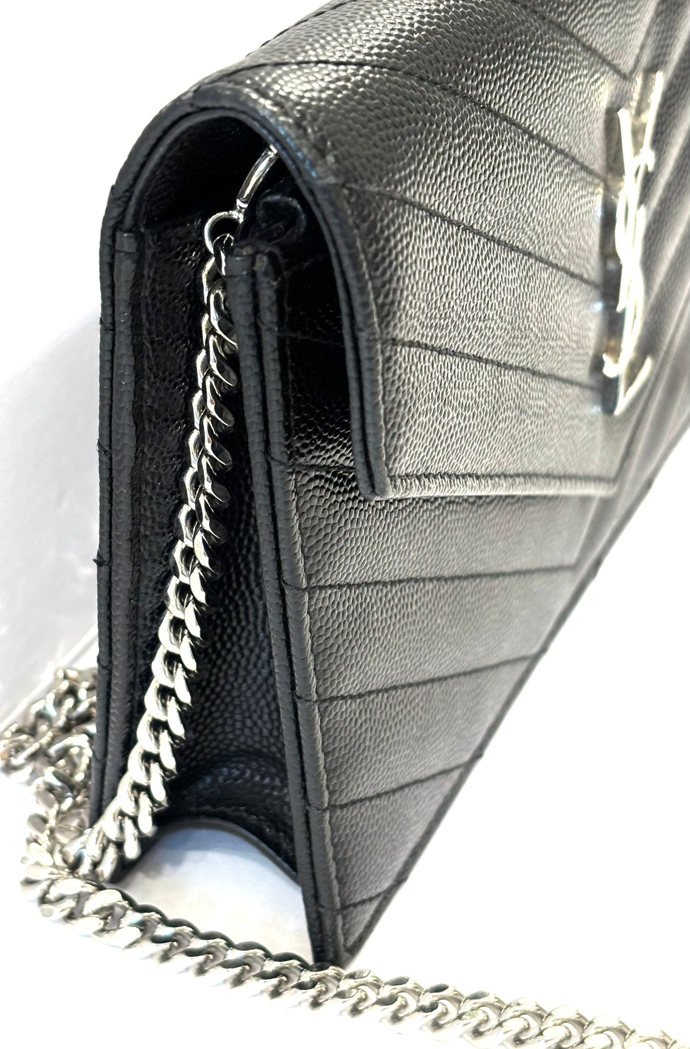 YSL GRAIN DE POUDRE CALFSKIN LEATHER MONOGRAM WALLET ON CHAIN