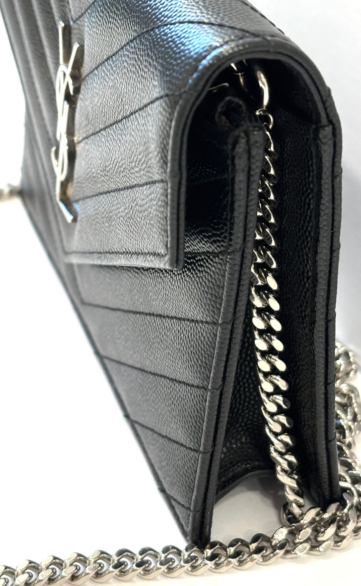 YSL GRAIN DE POUDRE CALFSKIN LEATHER MONOGRAM WALLET ON CHAIN